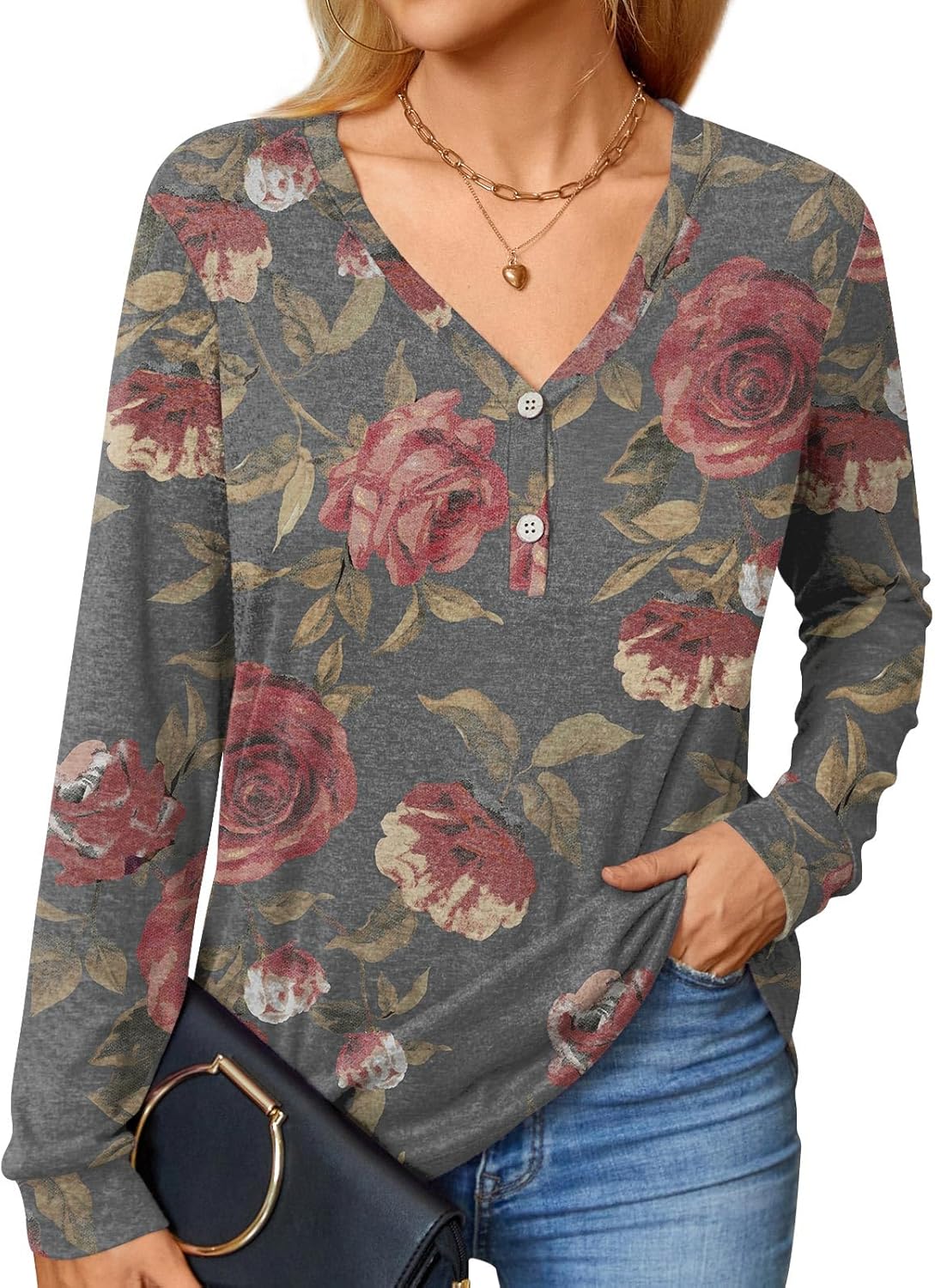 BISHUIGE Womens Button Up T-Shirts Long Sleeve Henley Tunic Tops V-Neck Casual Sweatshirt - Image 2