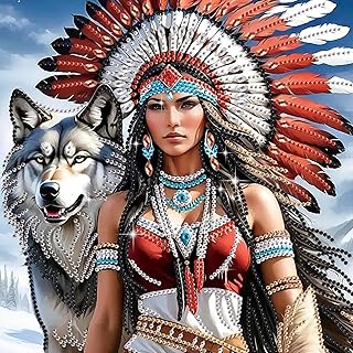 antor Special Shape Diamond Art Kits for Adults – 5D DIY Crystal Rhinestone Diamond Painting of Native American Woman with Wolf, Feather Headdress Design Diamond Art Craft Kit, Home Wall Decor Gift