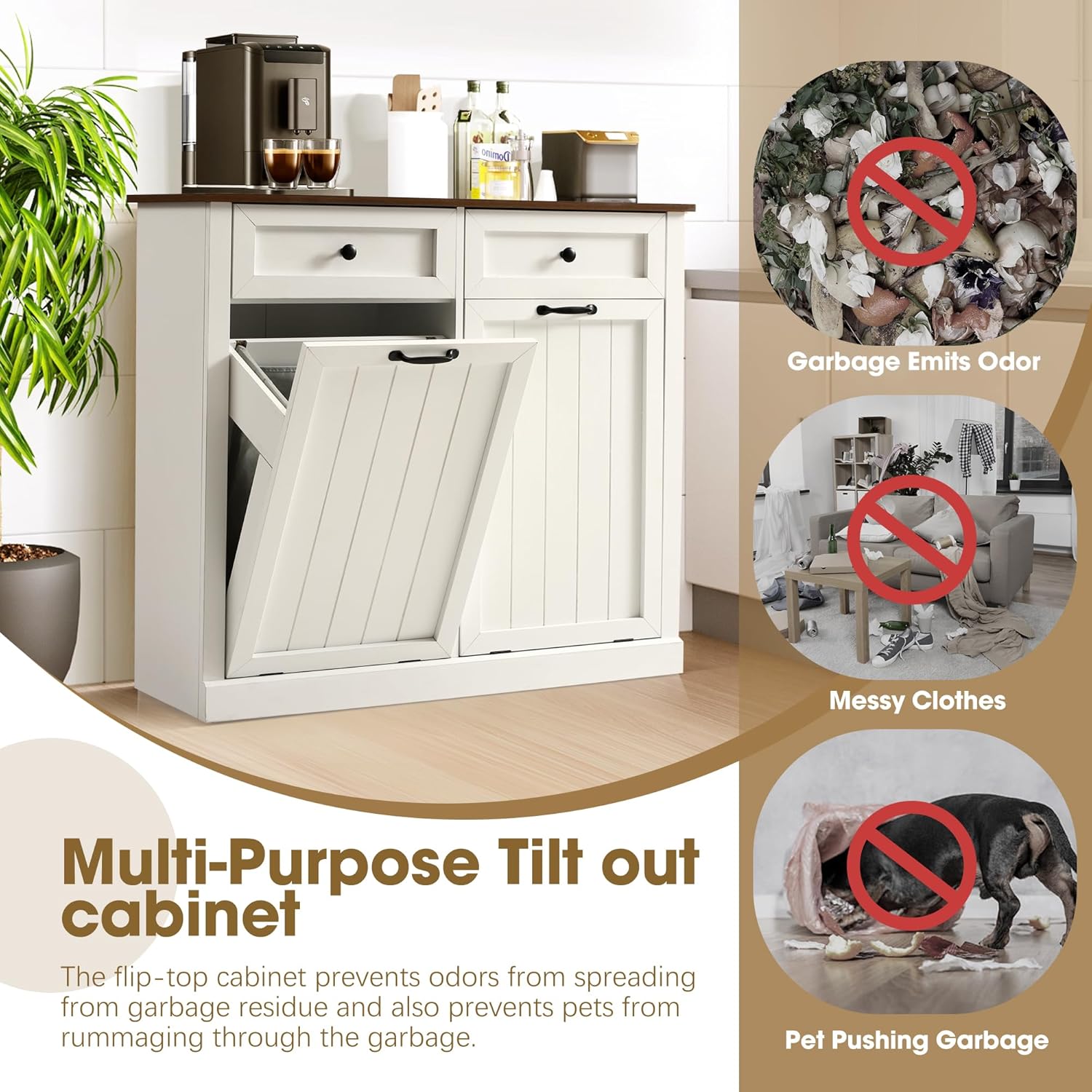 Grepatio Tilt Out Laundry Hamper Cabinet, 22 Gallon Double Hidden Laundry Hamper, Wooden Trash Can Cabinet with 2 Drawers, Farmhouse Garbage Can for Bathroom, Kitchen, Living Room (White)