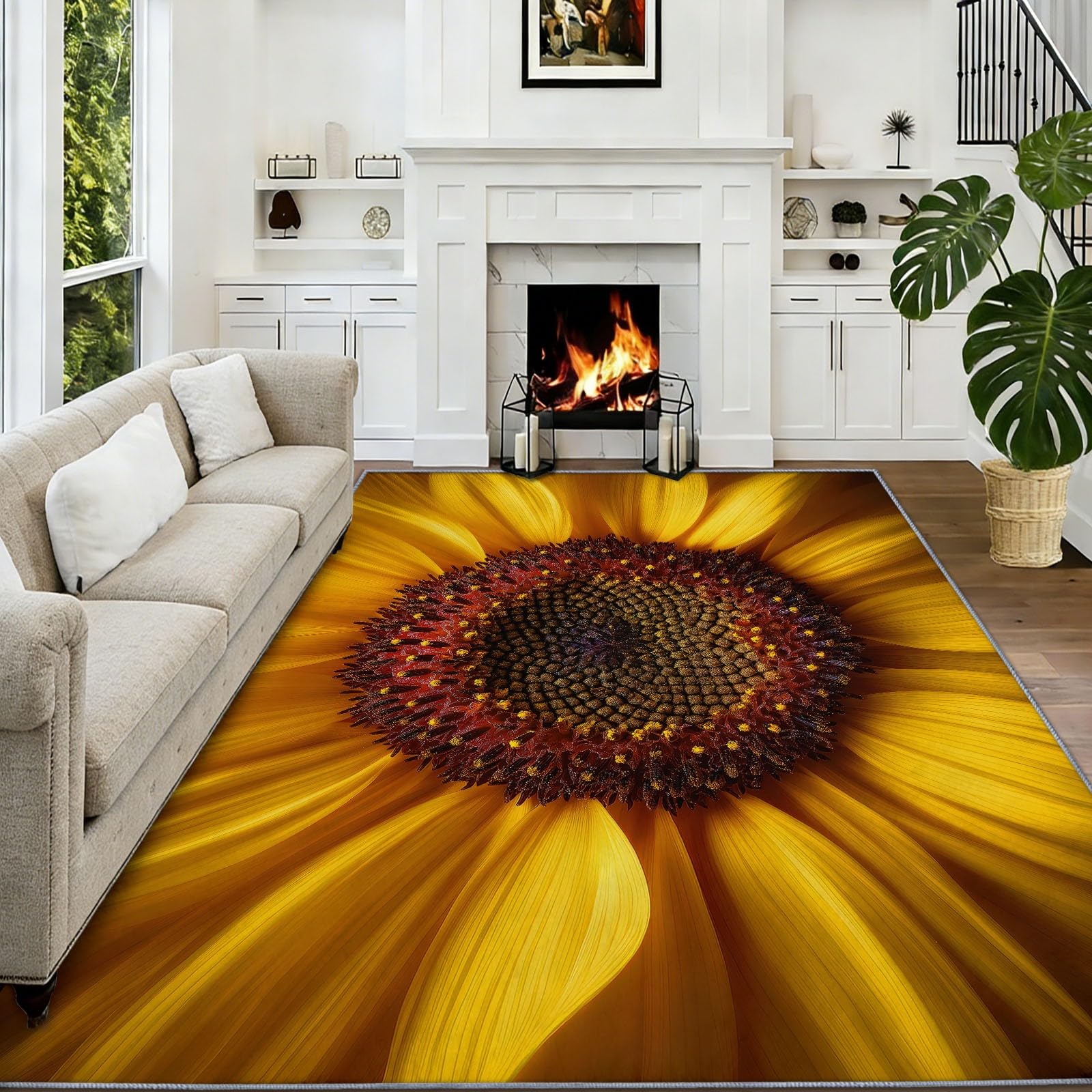 Générique Tapis Lavable en Machine Jaune, Tapis Poil Court Antidérapant Imprimé Élégance Photographie Fleurs Tournesol pour Salon Chambre Salle à Manger Bureau Entrée, 80 x 150 cm