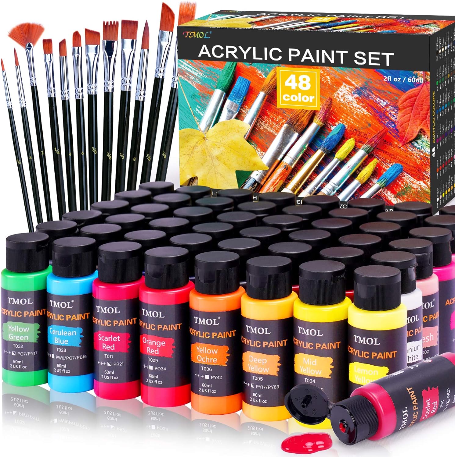 Acrylic Paint Set, 48 Colors (2 oz/Bottle) with 12 Art Brushes, Art Supplies for Painting Canvas, Wood, Ceramic & Fabric, Rich Pigments Lasting Quality for Beginners, Students & Professional Artist : Arts, Crafts & Sewing