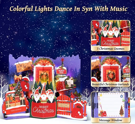 MZD8391 Christmas Card with Music & Lights, 3D Pop Up Merry Christmas Cards, Elf House Handmade Greeting Card, Xmas Gifts for Wife, Mom, Father, Sister, Son, Daughter