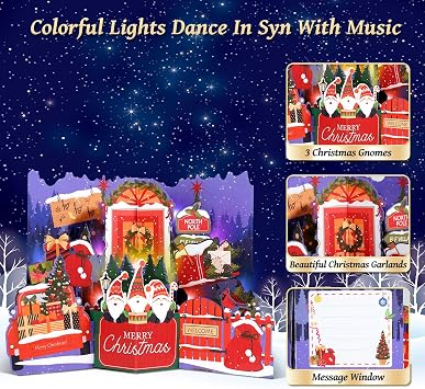 MZD8391 Christmas Card with Music & Lights, 3D Pop Up Merry Christmas Cards, Elf House Handmade Greeting Card, Xmas Gifts for Wife, Mom, Father, Sister, Son, Daughter