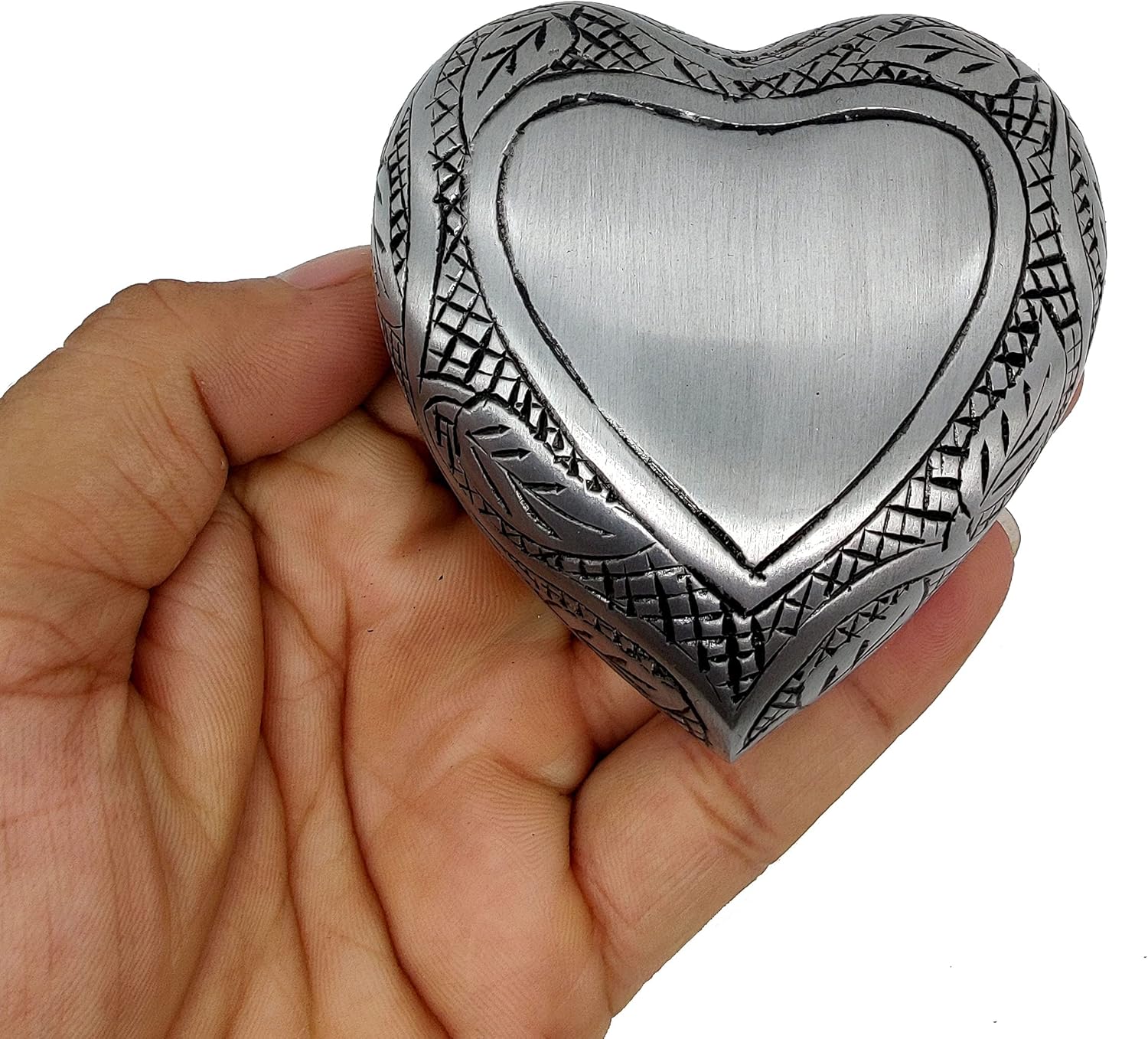 5MOONSUN5's Handcrafted Heart Urn Keepsake Cremation for Human Pet Ashes Engraved Heart Shaped for Adults & Infants Honor Your Loved One, Silver, Comes with Brass Stand & Premium Box