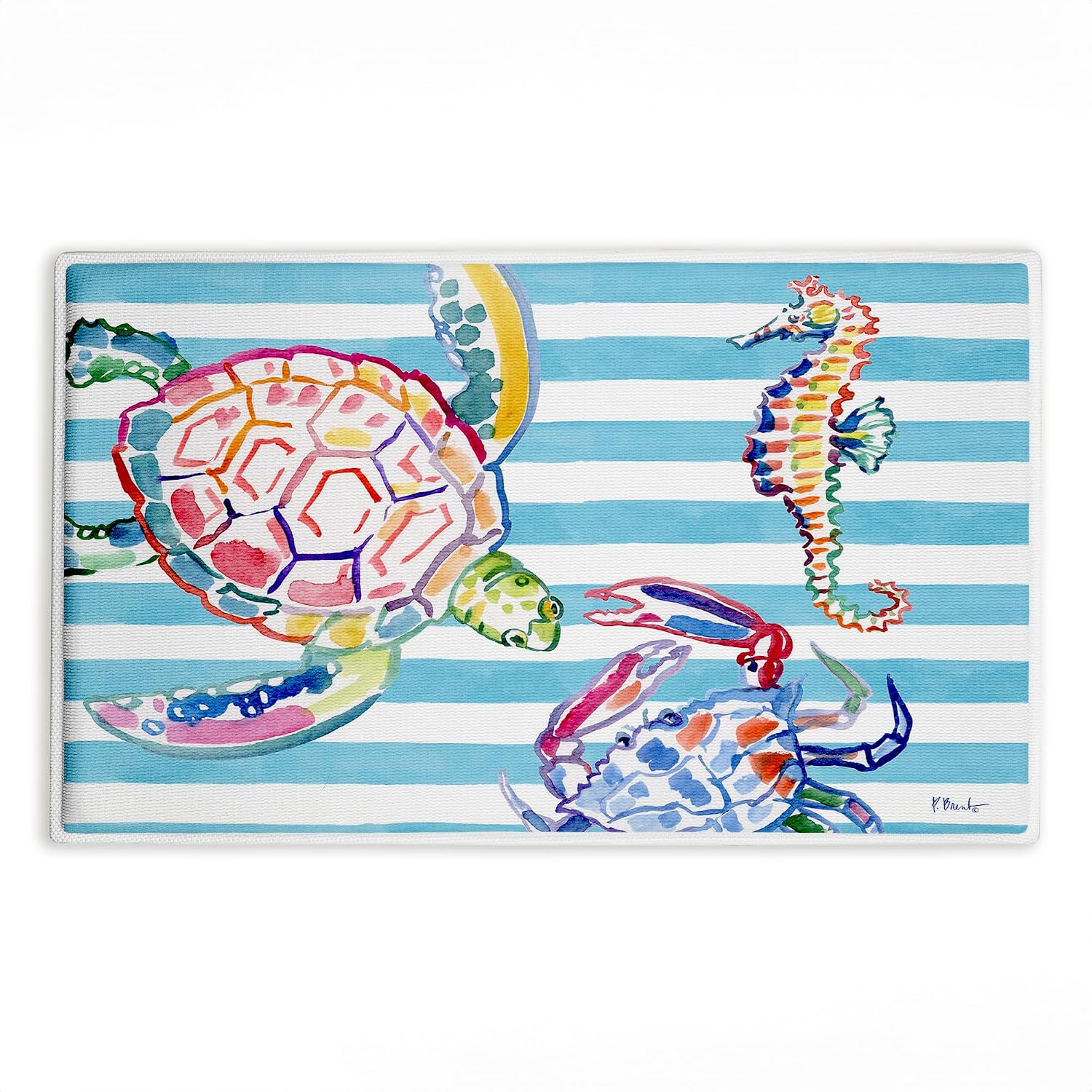 Brushstroke Sea Life on Stripes Plush Bathroom Mat & Bath Rug, Soft Quick-Dry Non-Slip Bathroom Rug with Recycled Foam Cushion, Coastal Ocean Marine Life Design by Paul Brent, 18"x30"