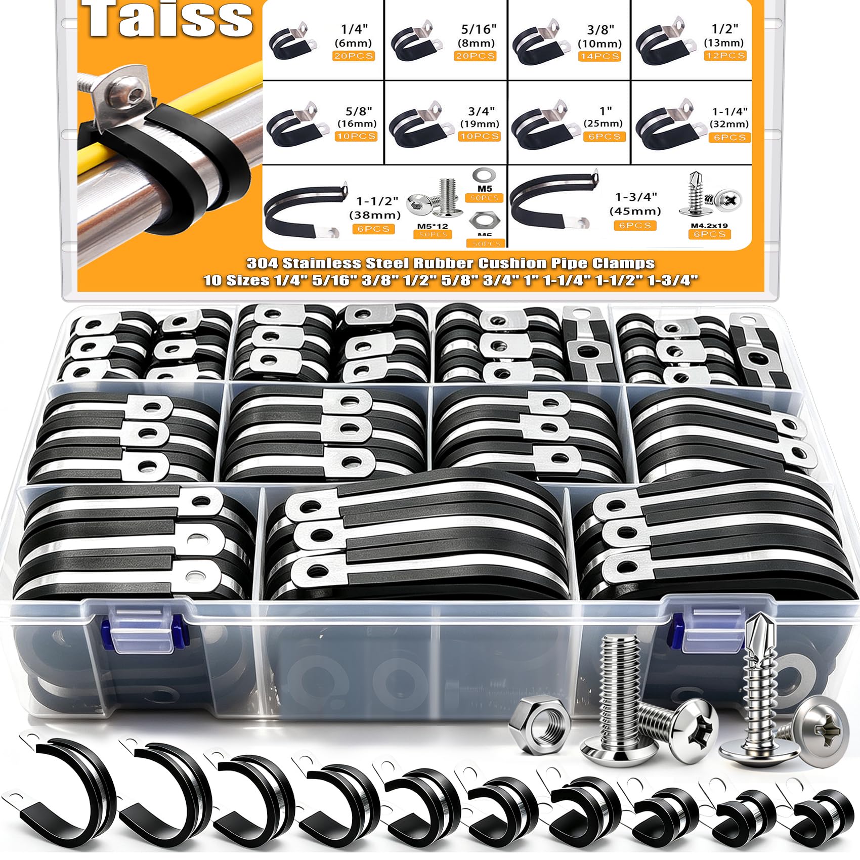 Taiss Kit di 110 morsetti per cavi, 1/4", 5/16", 3/8", 1/2", 5/8", 3/4", 1", 1-1/4", 1-1/4", 1-1/2", 1-3/4", 1-3/4", 10 misure Morsetti, 30 Kit assortito di 4 morsetti per cavi in acciaio inox con
