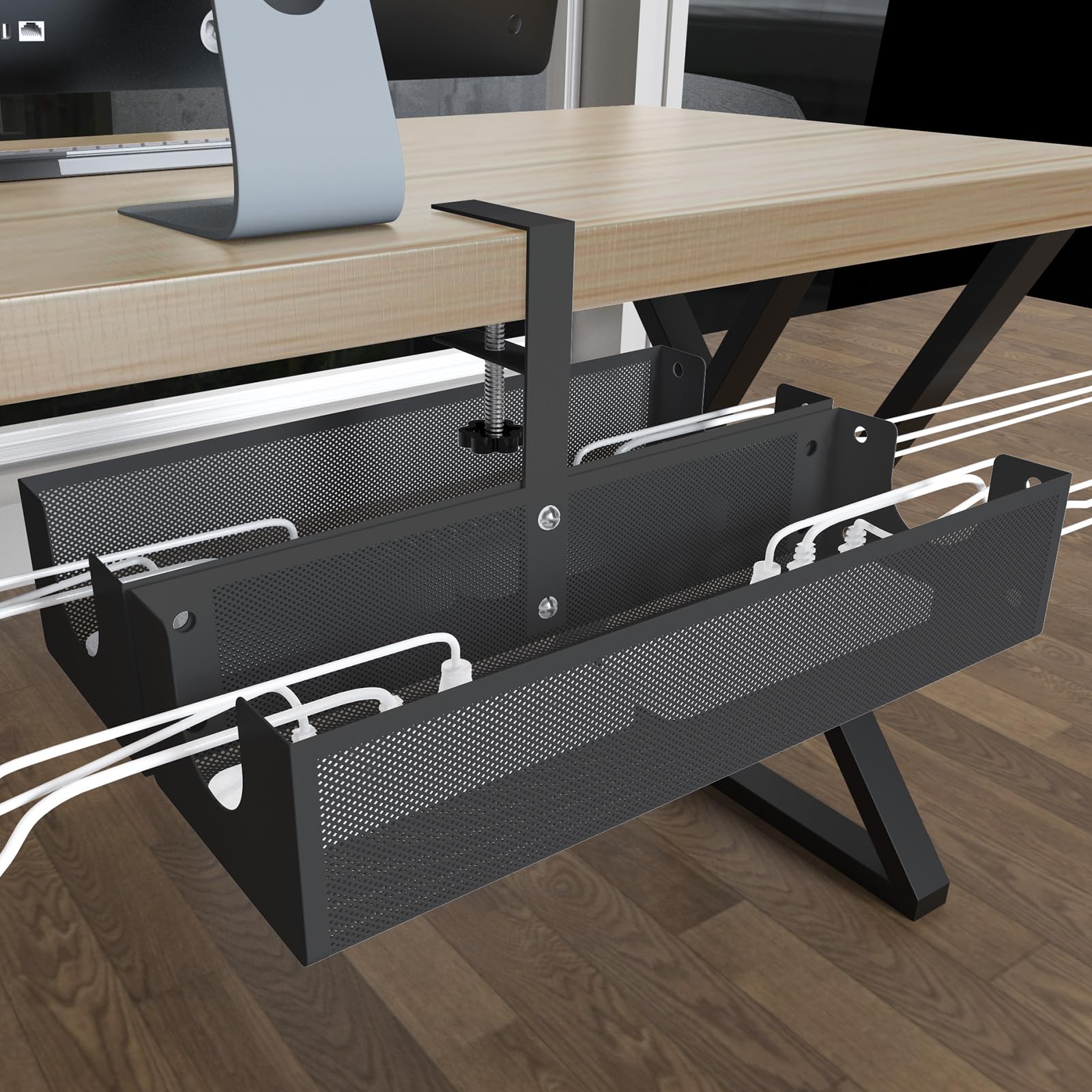 Organizador de cables para debajo del escritorio, organizador de cables de metal para debajo del escritorio, bandeja de gestión de cables, no daña el escritorio (negro)