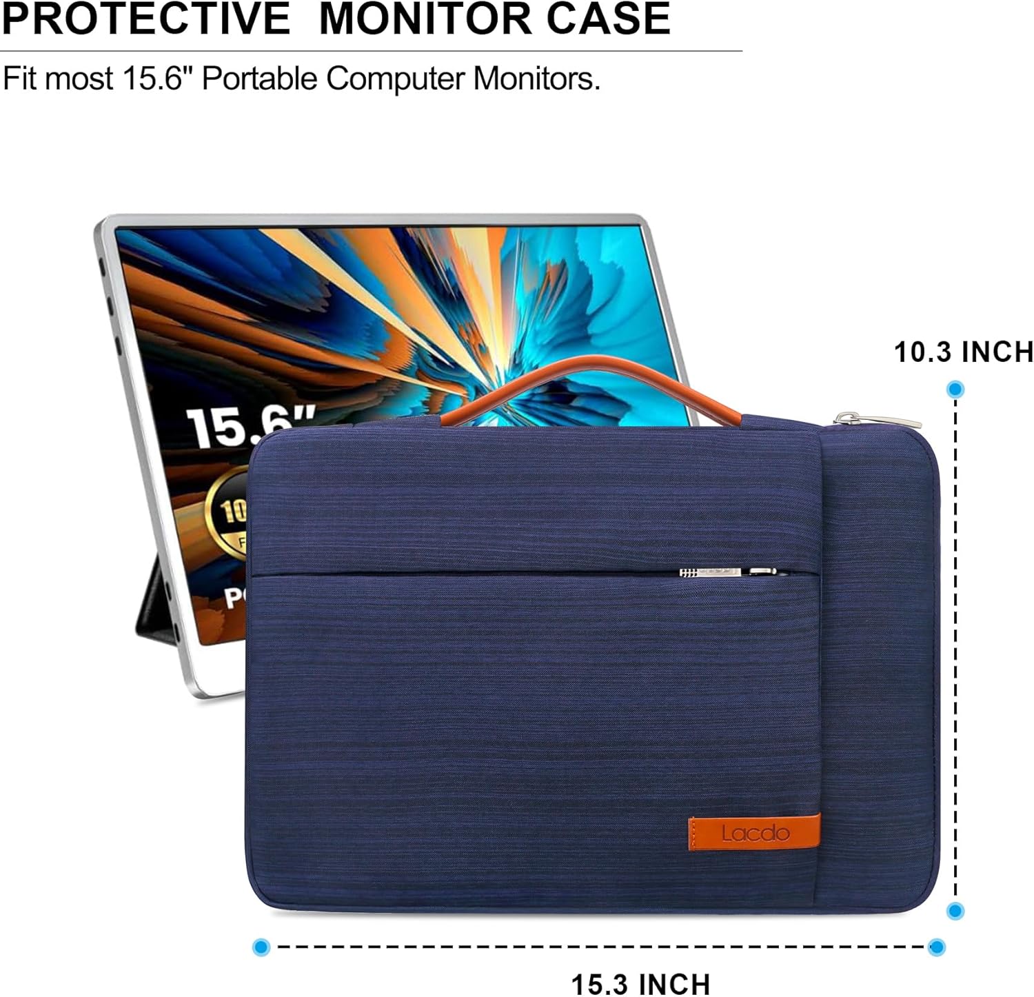 Lacdo 15.6 inch Portable Monitor Case for Most 15.6 inch Portable External Monitor, for Computer Laptop External Display Protective Carrying Sleeve Bag with Accessory Pocket, Blue