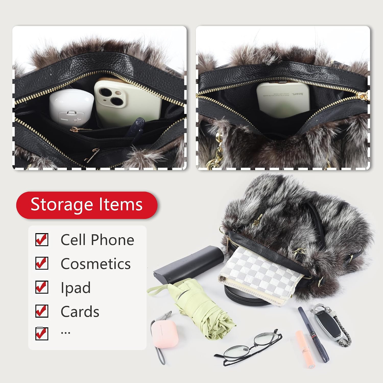 Fur Story Women's Real Red Fox Fur Chain Bag Fuzzy Shoulder Handbag Fluffy Tote Bag Fur Purses Big Capacity