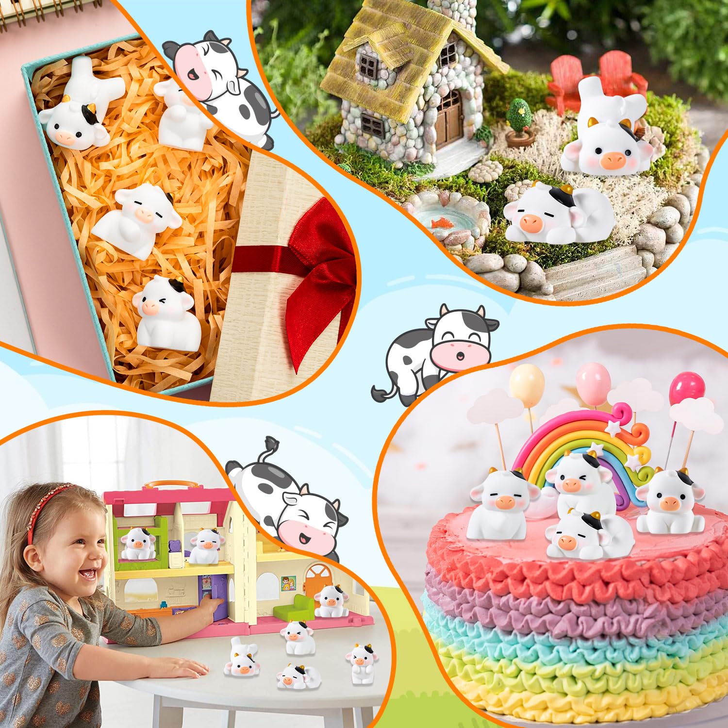 12 Pcs Mini Resin Cows With Dried Flower Cards - Cute Animal Figurines For Decor