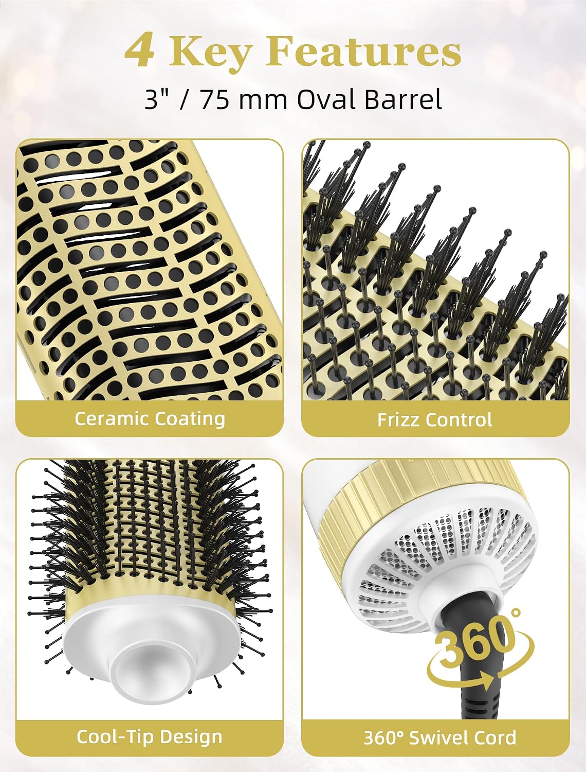 Hair Dryer Brush, 3 Inch Oval Blowout Brush for Medium to Long Hair, Brush Blow Dryer with Comb, Titanium Ceramic Hot Air Brush for Volume, Smoothing and Styling, 3 Heat Settings, White Gold