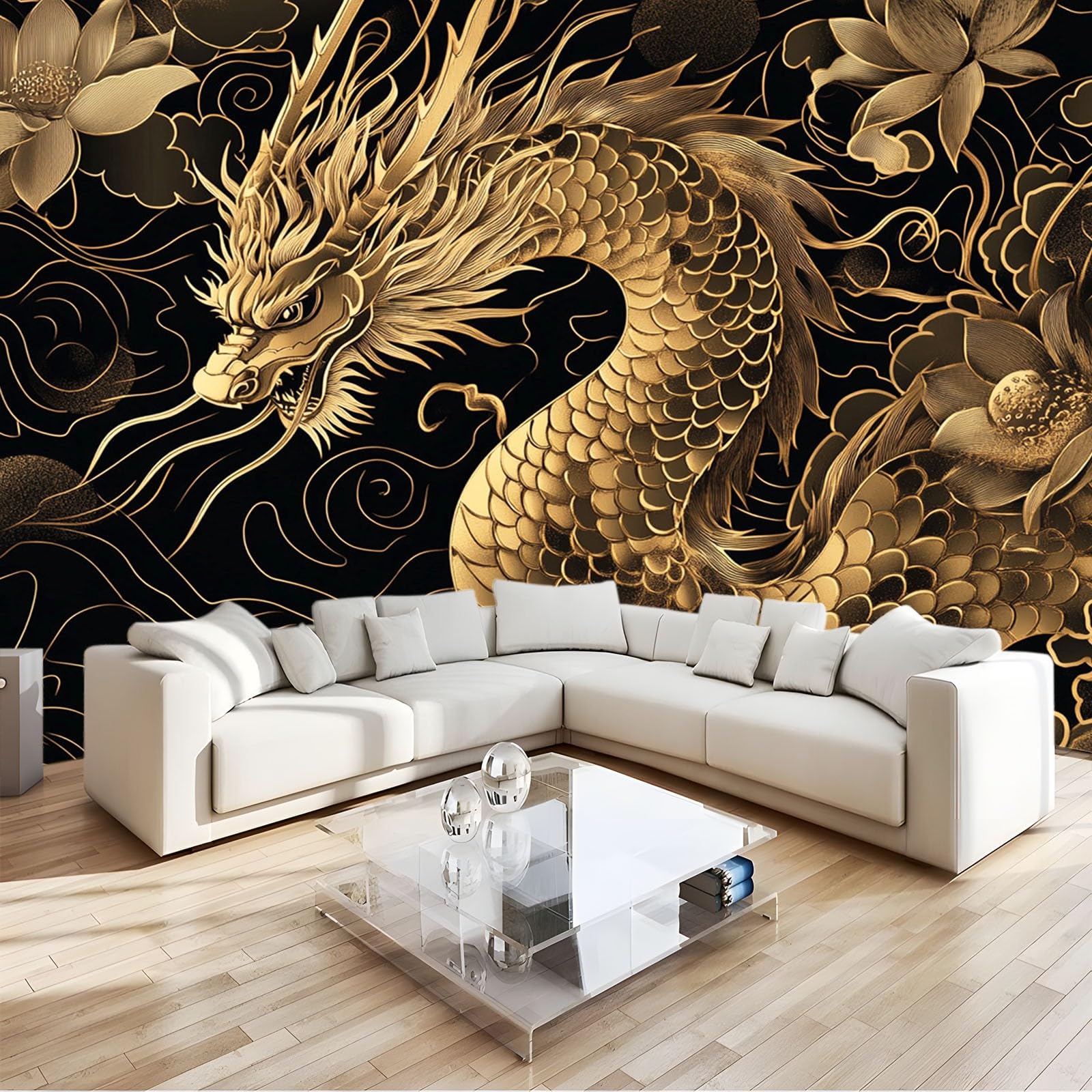 Papier peint dragon chinois doré panoramique 300x210 cm