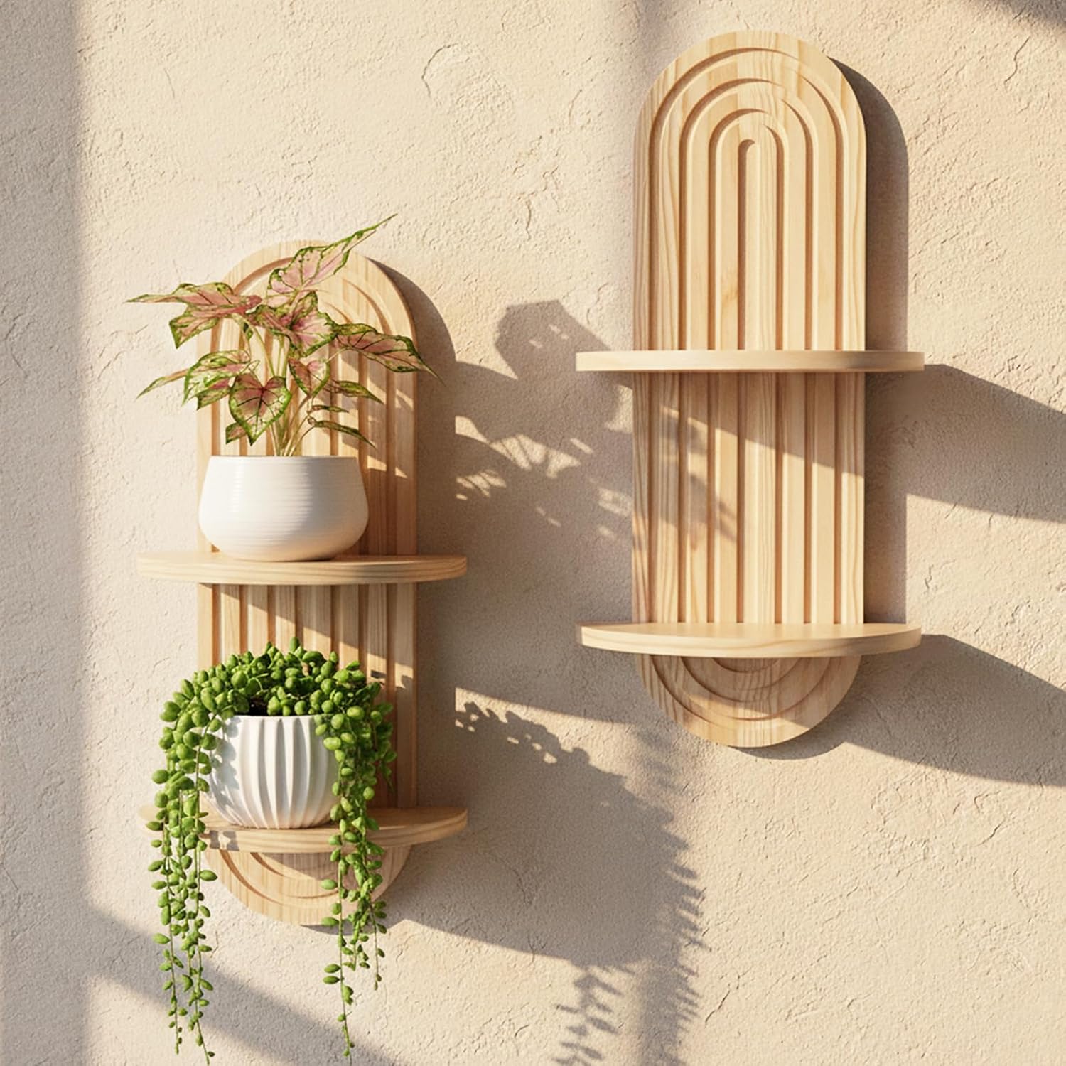 Boho Wall Shelves with Arched Wooden Design, Mid Century Modern Decor Plant Wall Shelf Set of 2, Double Floating Shelves for Home Living Room Bathroom Bedroom, 23.6 x 11.8 Inches (Natural)