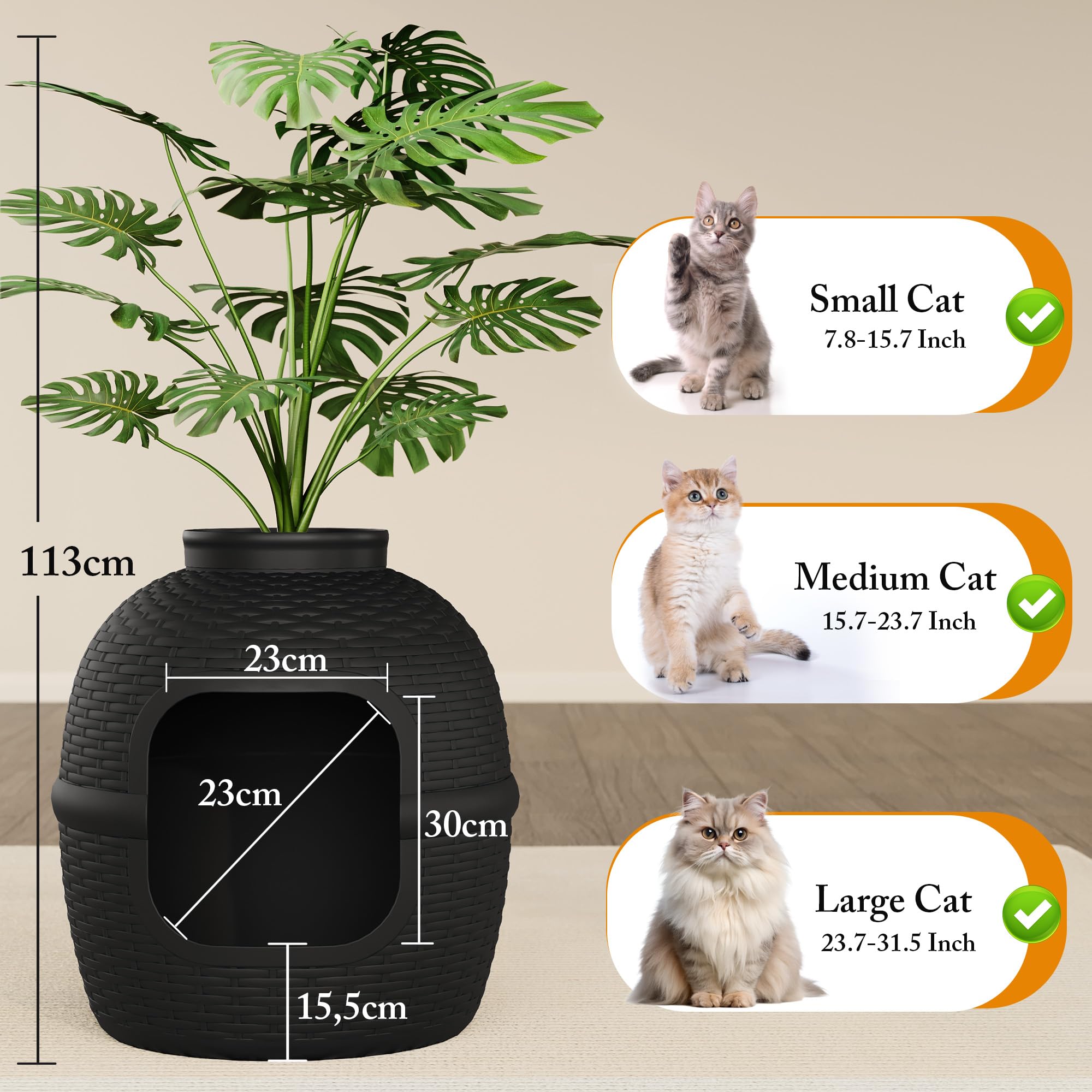 SUNVIVI Caja de arena para gatos con planta sintética y cuchara, bandeja de arena oculta con control de olores y filtro de carbono en sala de estar, dormitorio, esquina, color negro