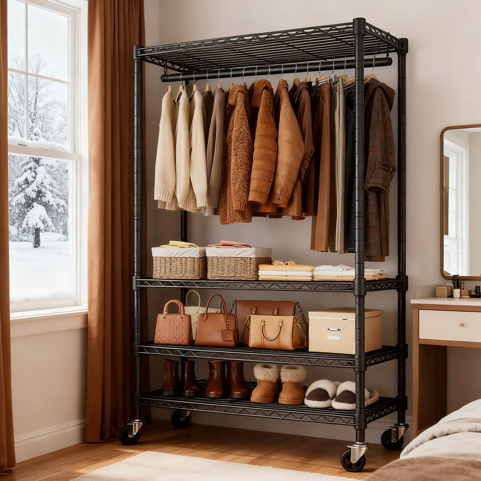 Kleiderständer auf Rollen mit Feststellbaren Rollen und Seitlichen Haken | Schwerlast Kleiderständer Metall Garderobenständer, Kleiderschrank offen für Schlafzimmer, Wohnzimmer - 90 D x 43,5 W x 180 H