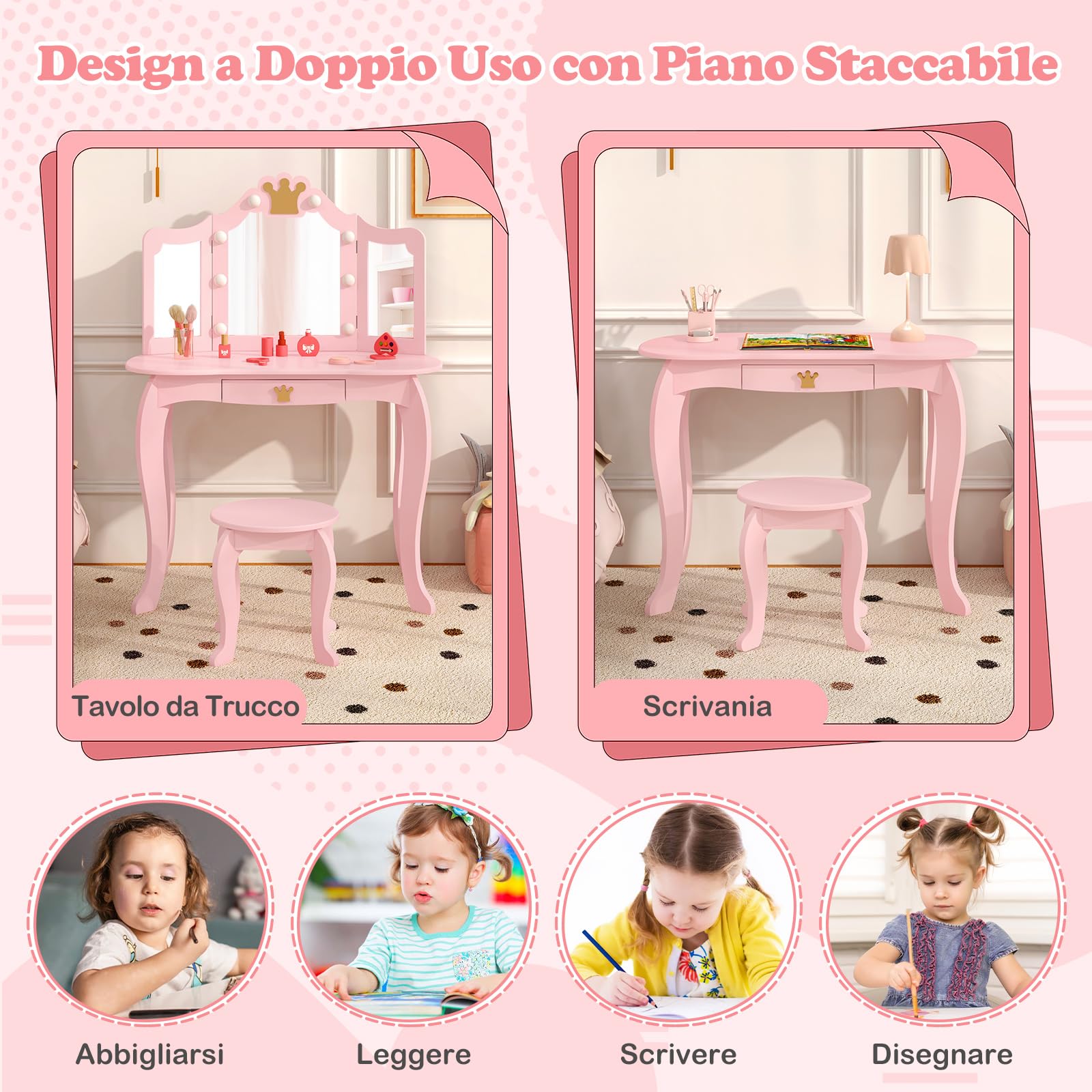 RELAX4LIFE Toeletta Trucco per Bambina con 8 Lampadine LED, 3 Colori di Luci, Specchiera Trucco con Sgabello, Toeletta in Legno, Specchio Rimovibile, per Bambini 3-7 Anni (Rosa)