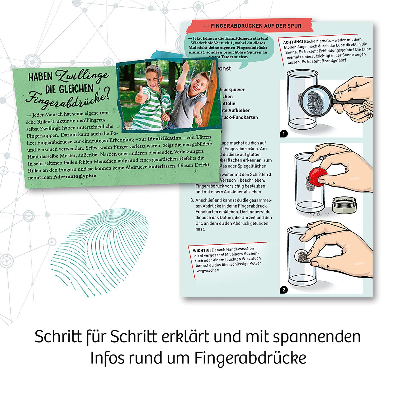 KOSMOS 657796 impronte digitali, esperimenti detective, protezione tracce, colpevole, set di esperimenti per bambini a partire dagli 8 anni, esperimento di brina, gioco di ruolo, pensierino, regalo di
