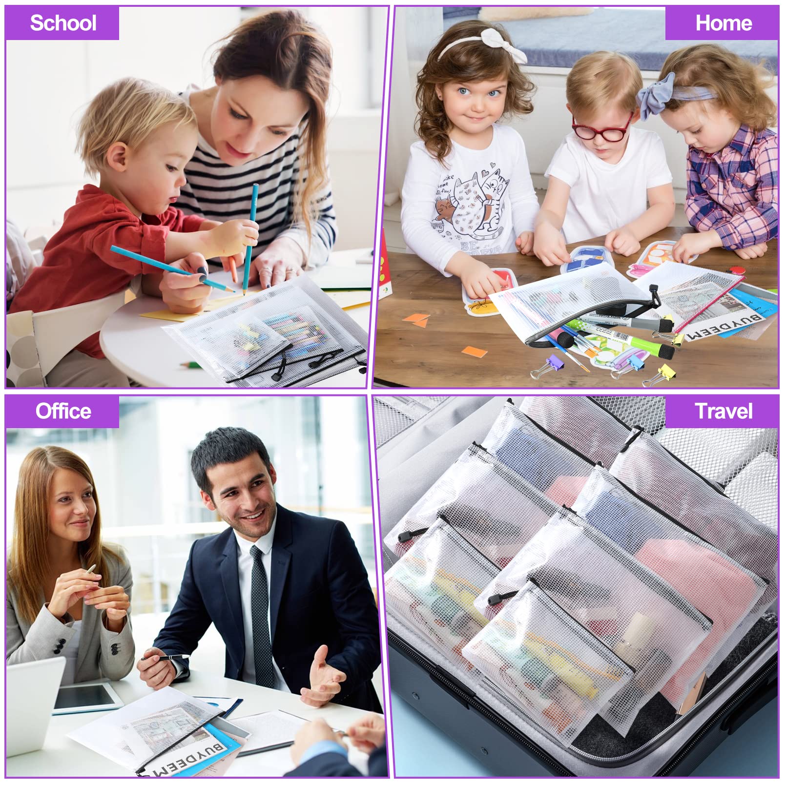 32 sacchetti in rete con cerniera, impermeabili, 8 dimensioni, in plastica, multiuso, con cerniera, per ufficio, scuola, organizzazione della casa e viaggi, colore nero