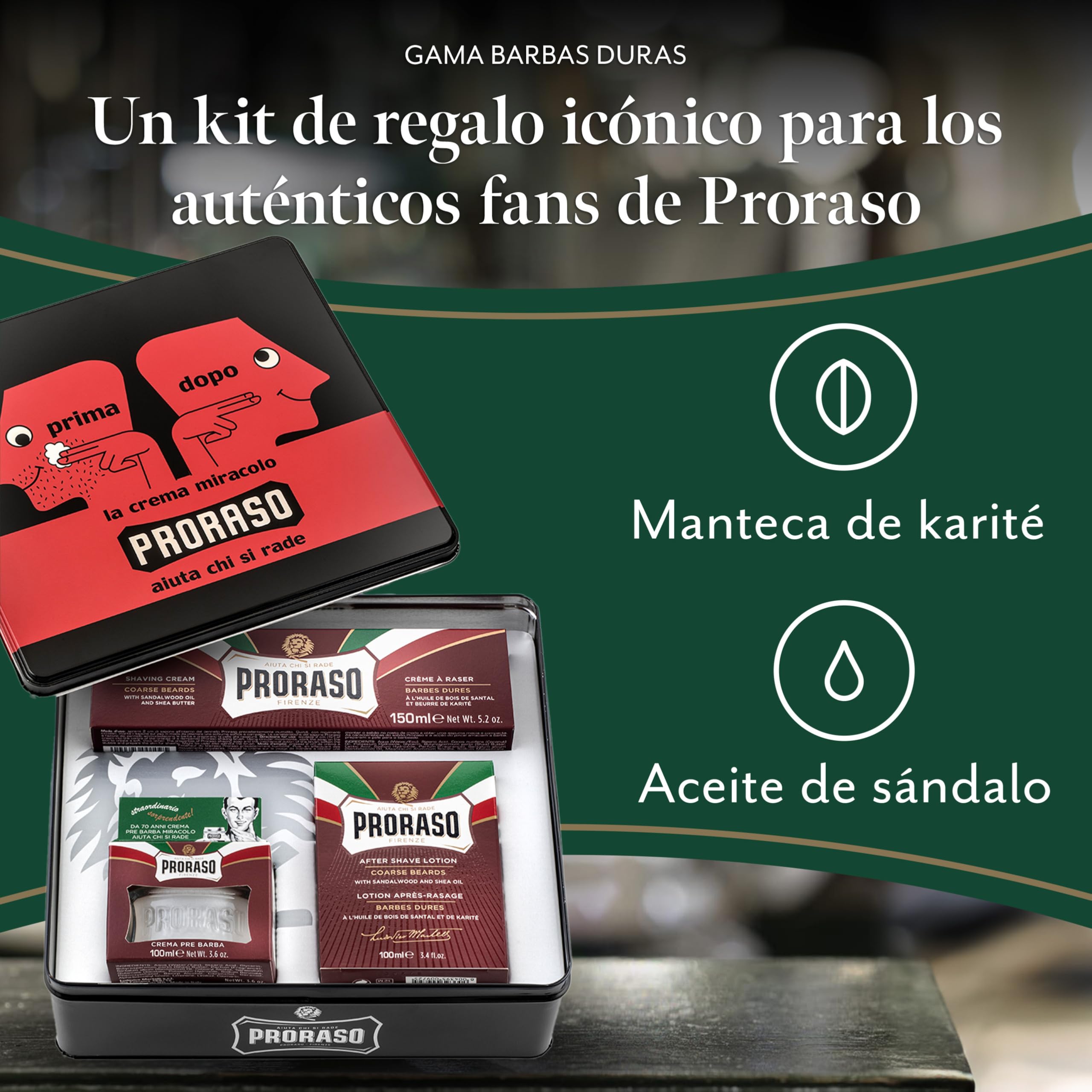 Proraso Vintage Selection, Gama Barbas Duras (pack trío), kit de cuidado barba de lujo con crema de preafeitado, jabón de afeitar en tubo y bálsamo para después del afeitado, Made in Italy
