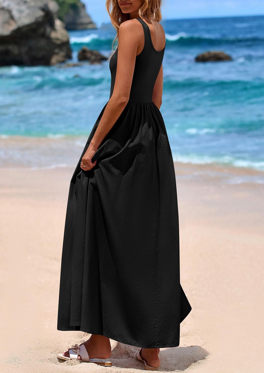 PRETTYGARDEN Womens Summer Casual Scoop Neck Sleeveless Long Dresses Tank Top Patchwork Aline Swing Maxi Dress with Pockets - Image 2