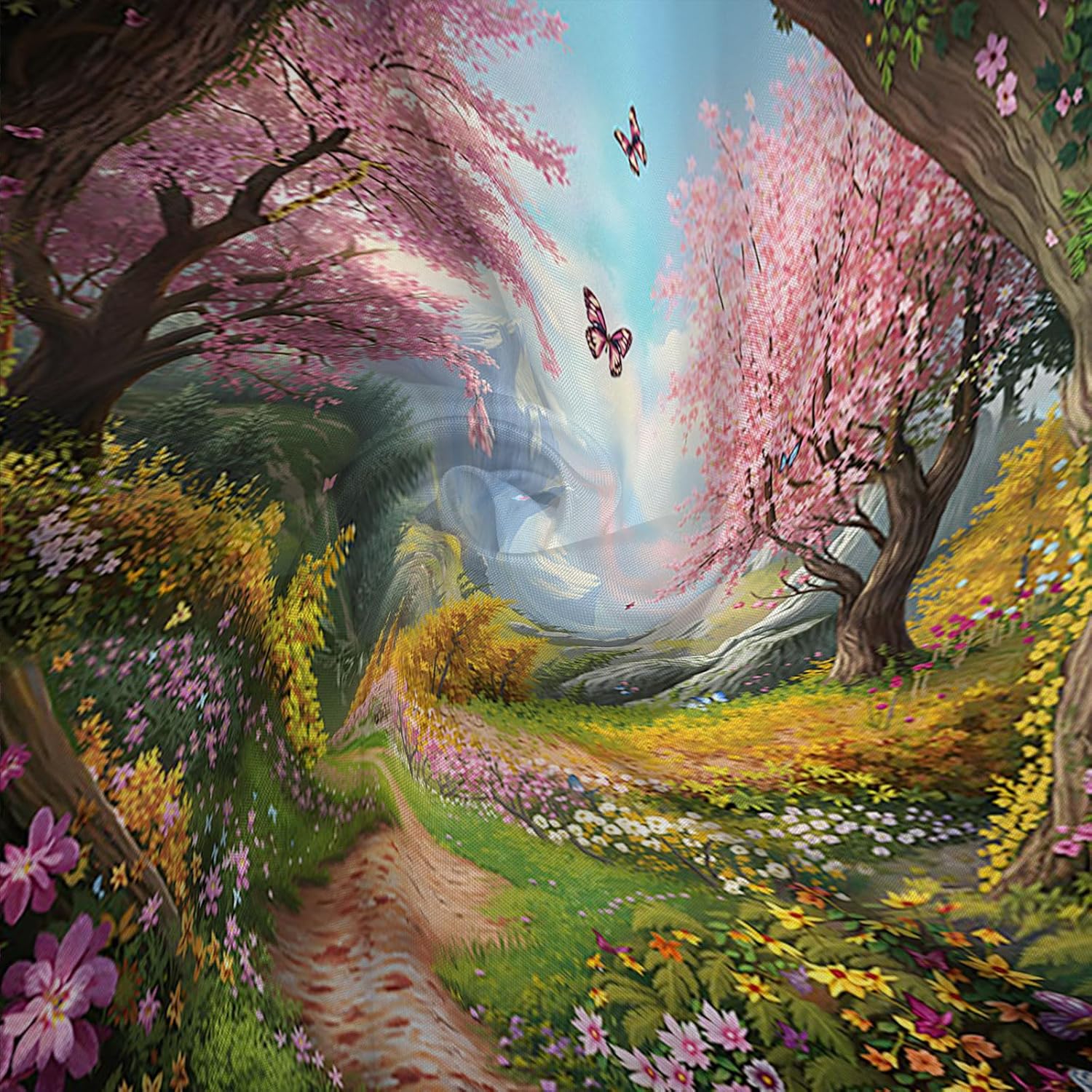 Enchanted Forest Shower Curtain Cherry Blossom Butterfly Jungle Mountain Nature Spring Scenic Garden Wonderland Fairy Tale Landscape Bath Curtain Fabric Bathroom Accessories Decor with Hooks 70W x90L