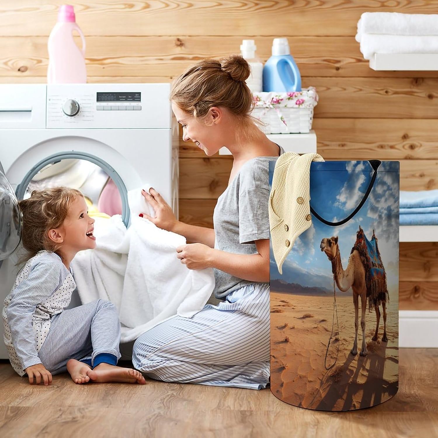 Camel Blue Sky Laundry Basket Large Foldable Laundry Hamper with Handles Freestanding Collapsible Clothes Basket Waterproof Portable Dirty Clothes Hamper for Bathroom 86L