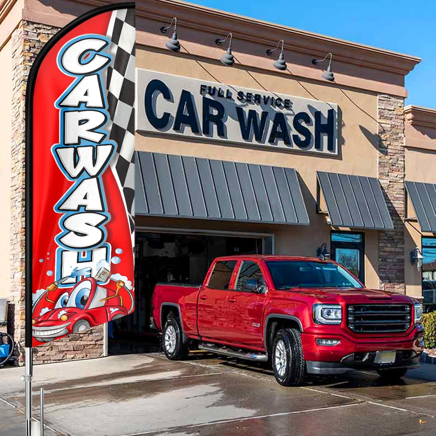 Car Wash Feather Flag Kit, 11FT Swooper Banner for Auto Detailing & Car Wash Business Advertising, Durable Polyester Flag with Aluminum Pole, Stainless Steel Ground Spike & Carrying Bag