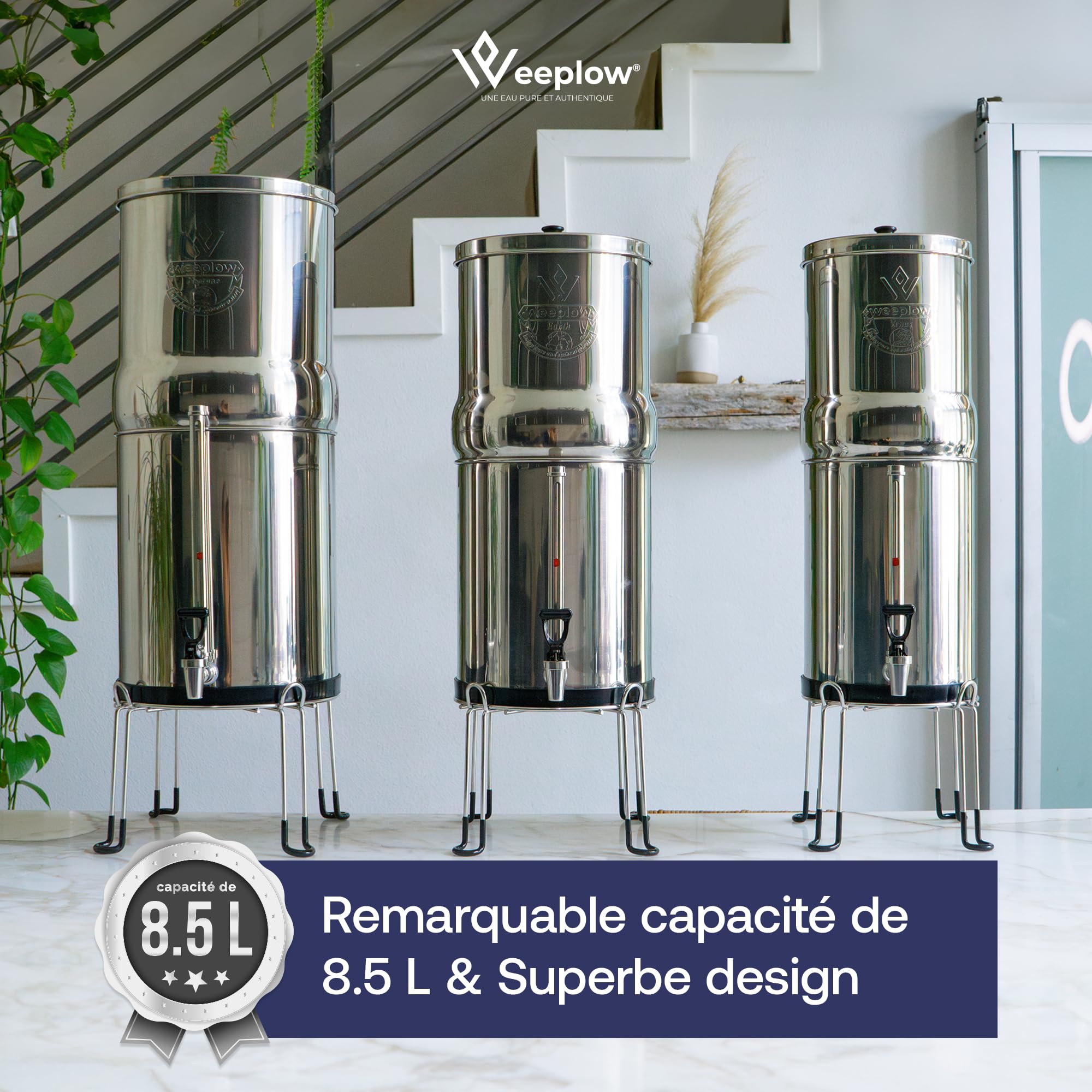 Weeplow® Earth - Système de Filtration d'Eau par Gravité 8,5 Litres AISI 304 avec 2 Eléments de Purification O'Pure 2, Robinet avec Niveau d'Eau et Support Inox Offert