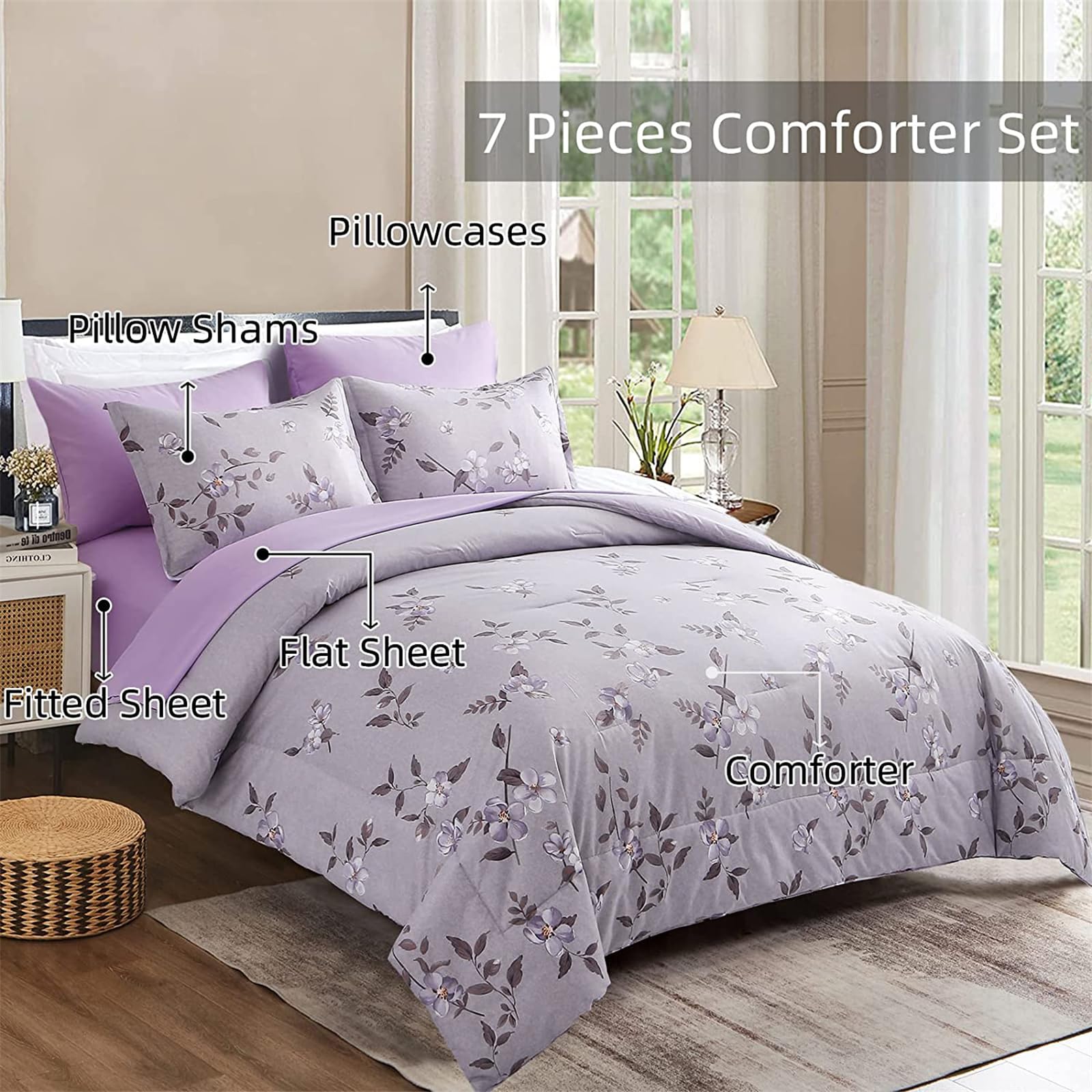 Juego de edredón de 7 piezas de cama en una bolsa, color morado, plantas botánicas, flores, juego de ropa de cama de microfibra suave con 1 edredón, 2 fundas de almohada, 1 sábana encimera, 1 3