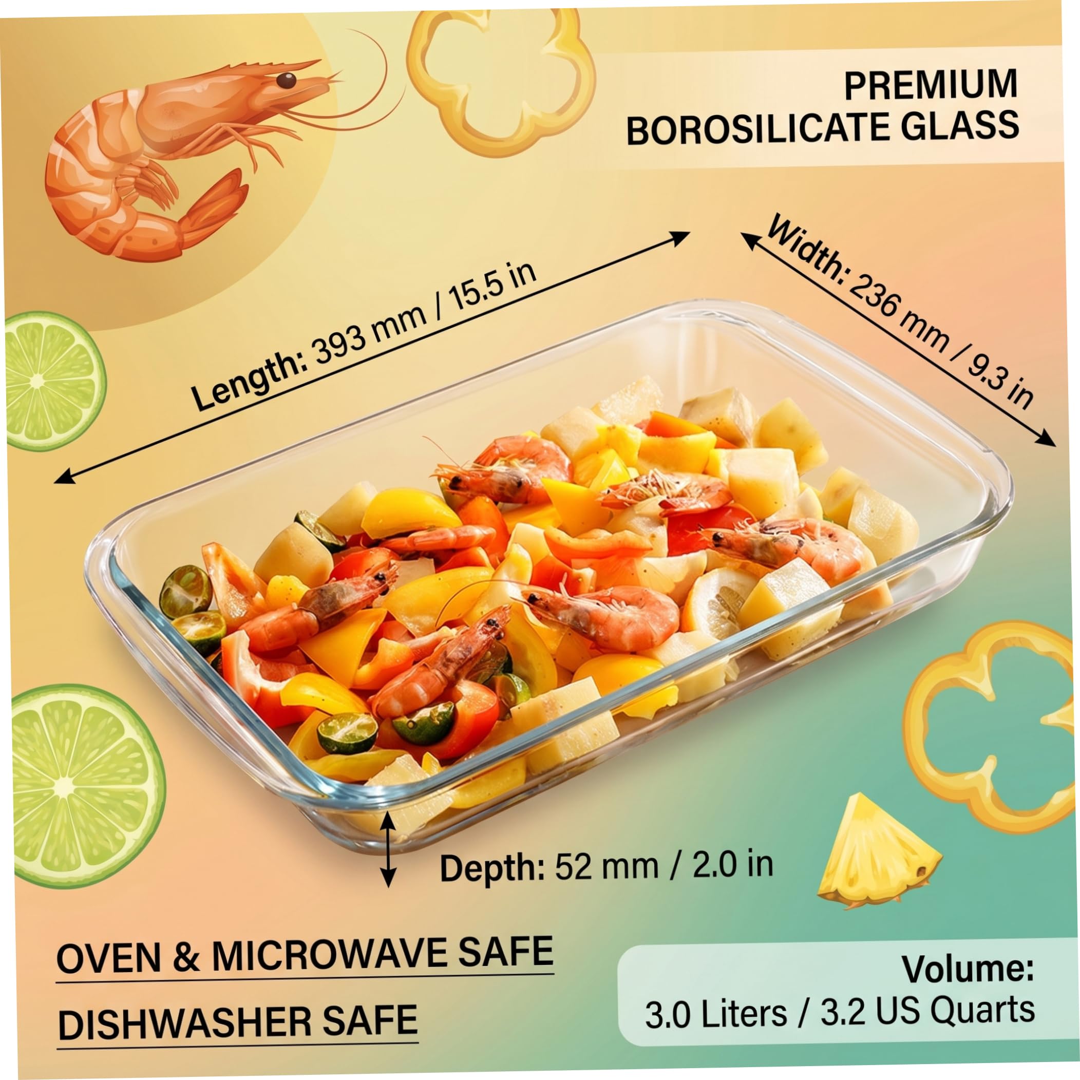 Molde de vidrio para hornear, rectangular, para lasaña de borosilicato de 3 cuartos de galón, 5 cm, apto para horno y microondas