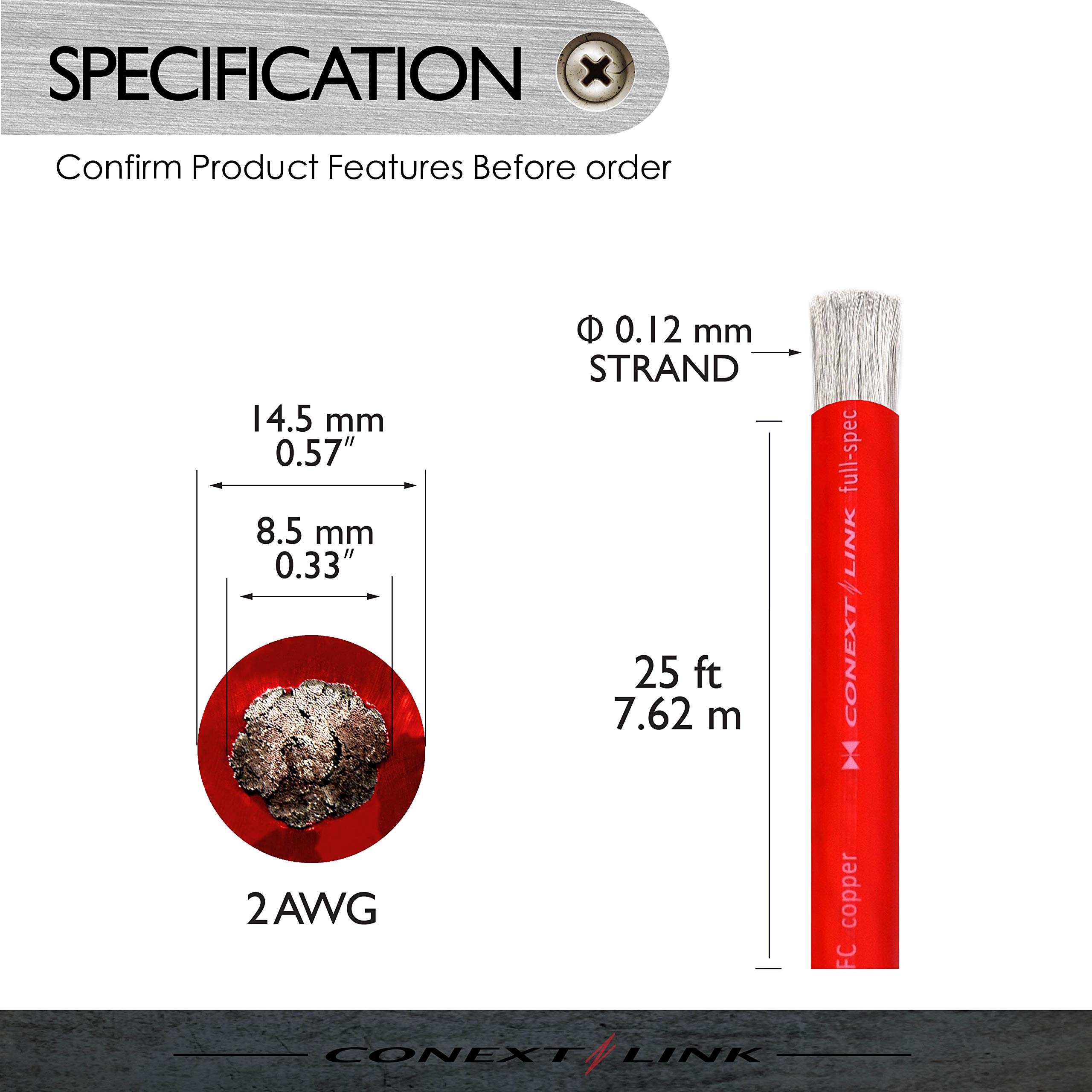 Cable de alimentación de batería de calibre completo 2 AWG GA de 25 pies, cable de tierra rojo escarchado OFC cobre