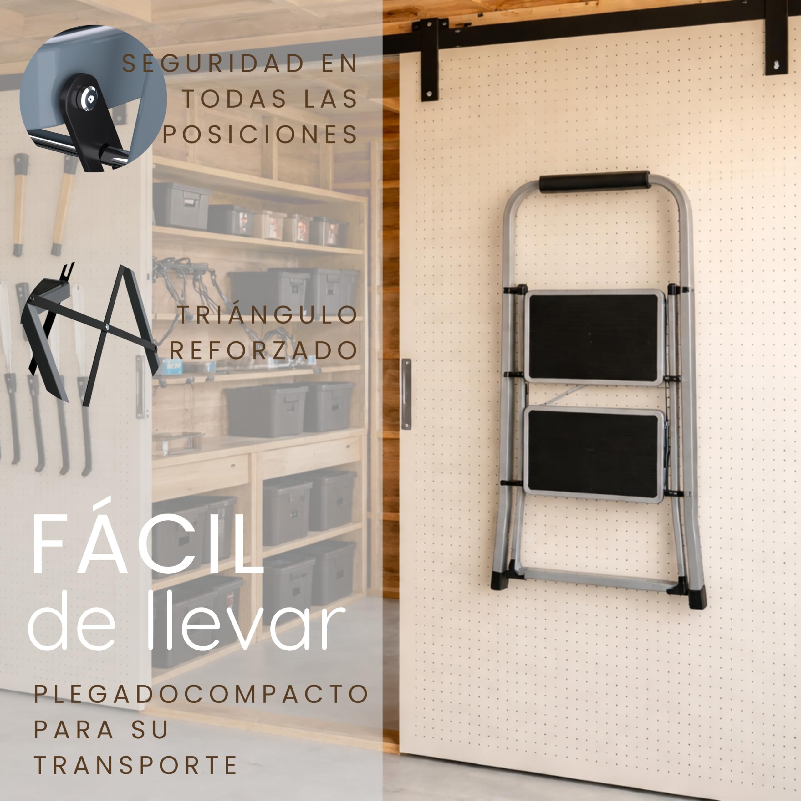 Escalera Plegable de Aluminio para hogar y Cocina, 2 peldaños, Gris, peldaños Anchos Antideslizantes, asa de Agarre cómodo, EN 131