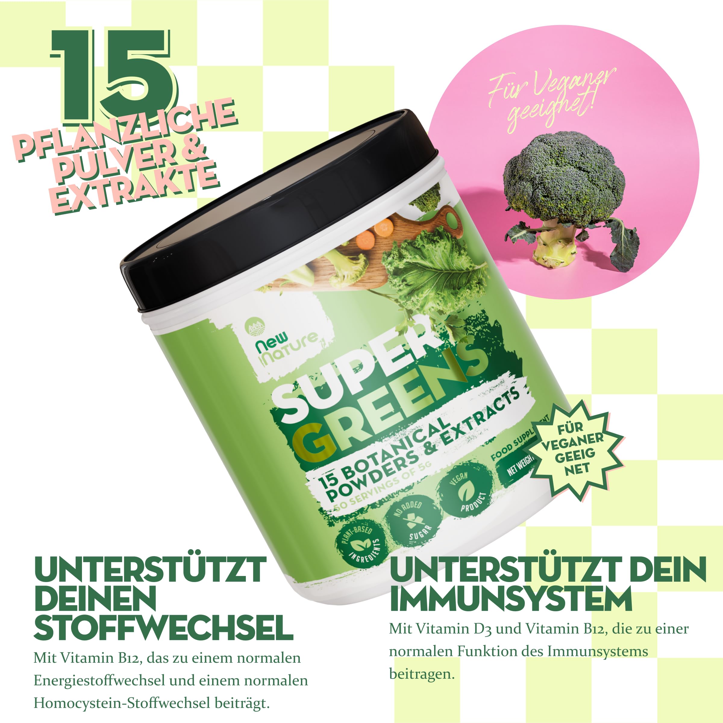 New Nature Super Greens Pulver 250g - Natürliches Superfood Smoothiepulver aus 15 Superfoods, Zuckerfrei, Vegan, 50 Portionen - Gesundheit & Vitalität für den Alltag
