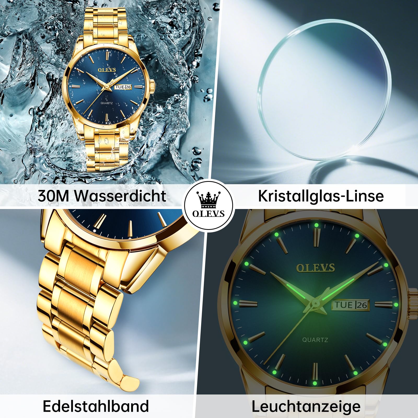 OLEVS Hombre Relojes, Analógico Cuarzo Luminoso Resistente Agua, Doble Fecha Reloj Acero Inoxidable Reloj para Hombres, Clásico Números Romanos