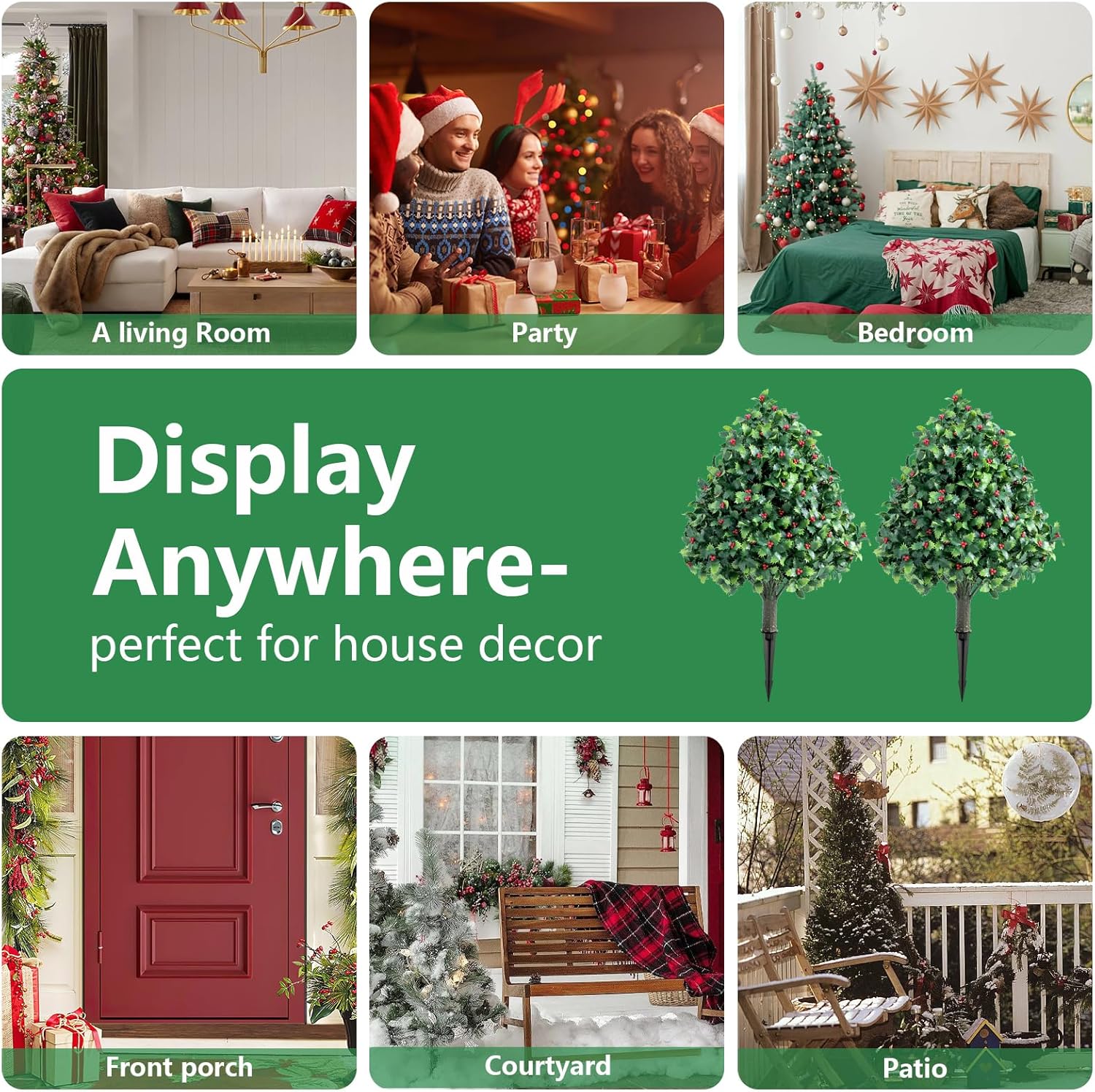 Artificial Topiaries Ball Trees with Red Fruit, 25 inch Set of 2 Faux Shrubs with Ground Spikes,UV Resistant Fake Evergreen Tree for Indoor Outdoor Front Porch Thanksgiving Christmas Decor