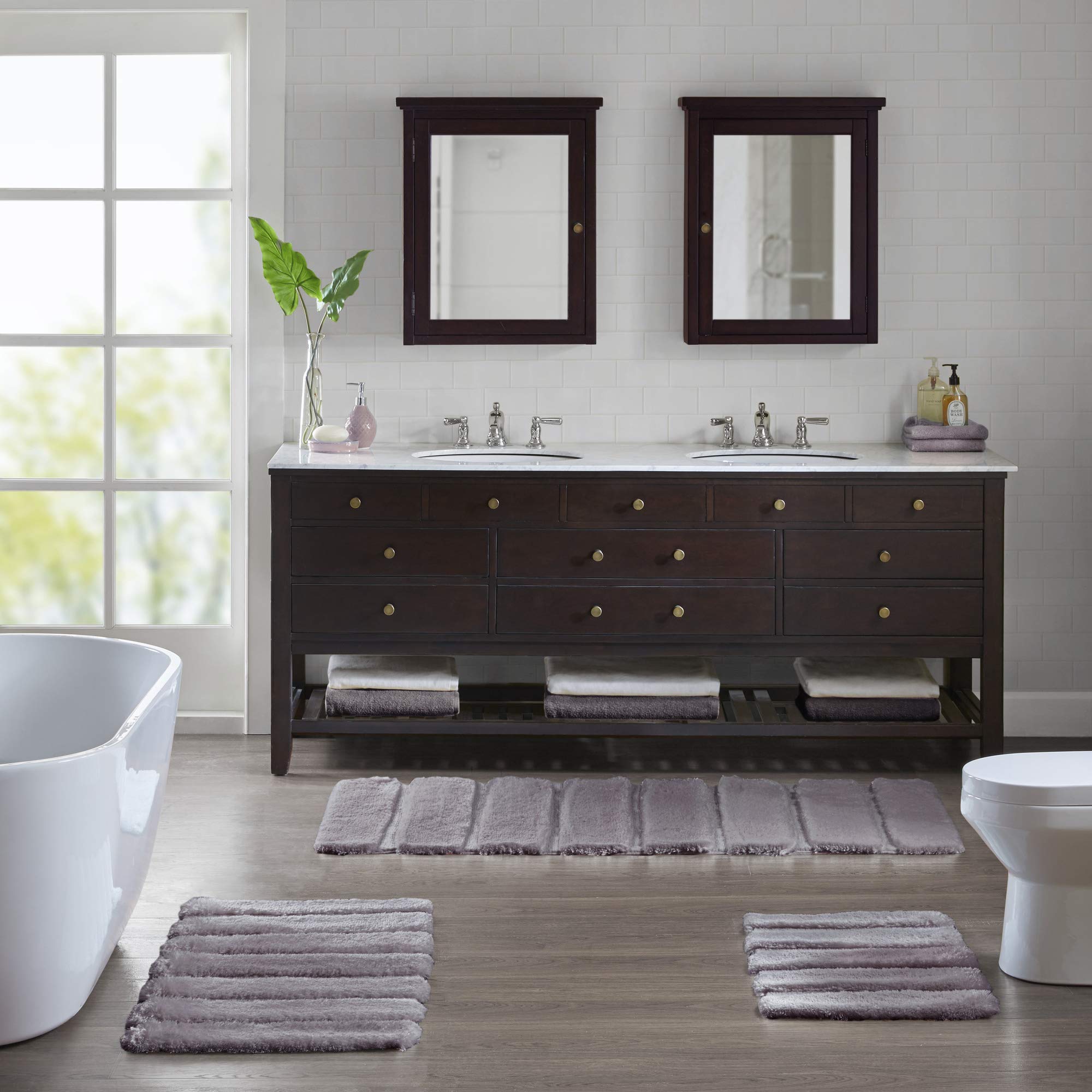 Madison ParkTufted Pearl Channel Absorbant Quick Dry - Washable Bath Mat, Casual Solid Shower Bathroom Rug, 17x24, Grey