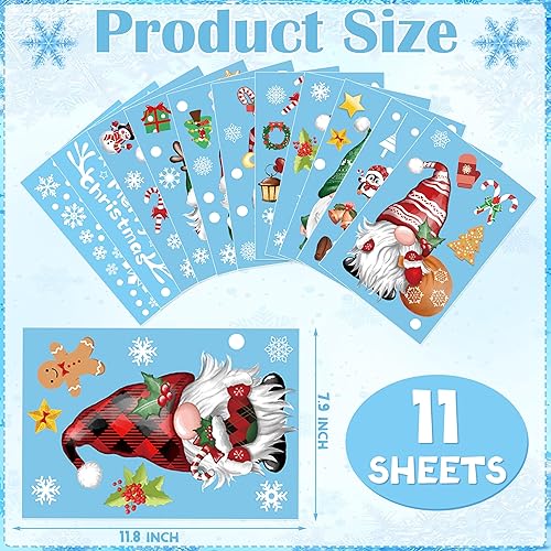Miniatura 9 de 12 hojas de calcomanías de Navidad para ventana, diseño de gnomo de Navidad, copos de nieve, decoración de ventana azul extraíble para ventanas de