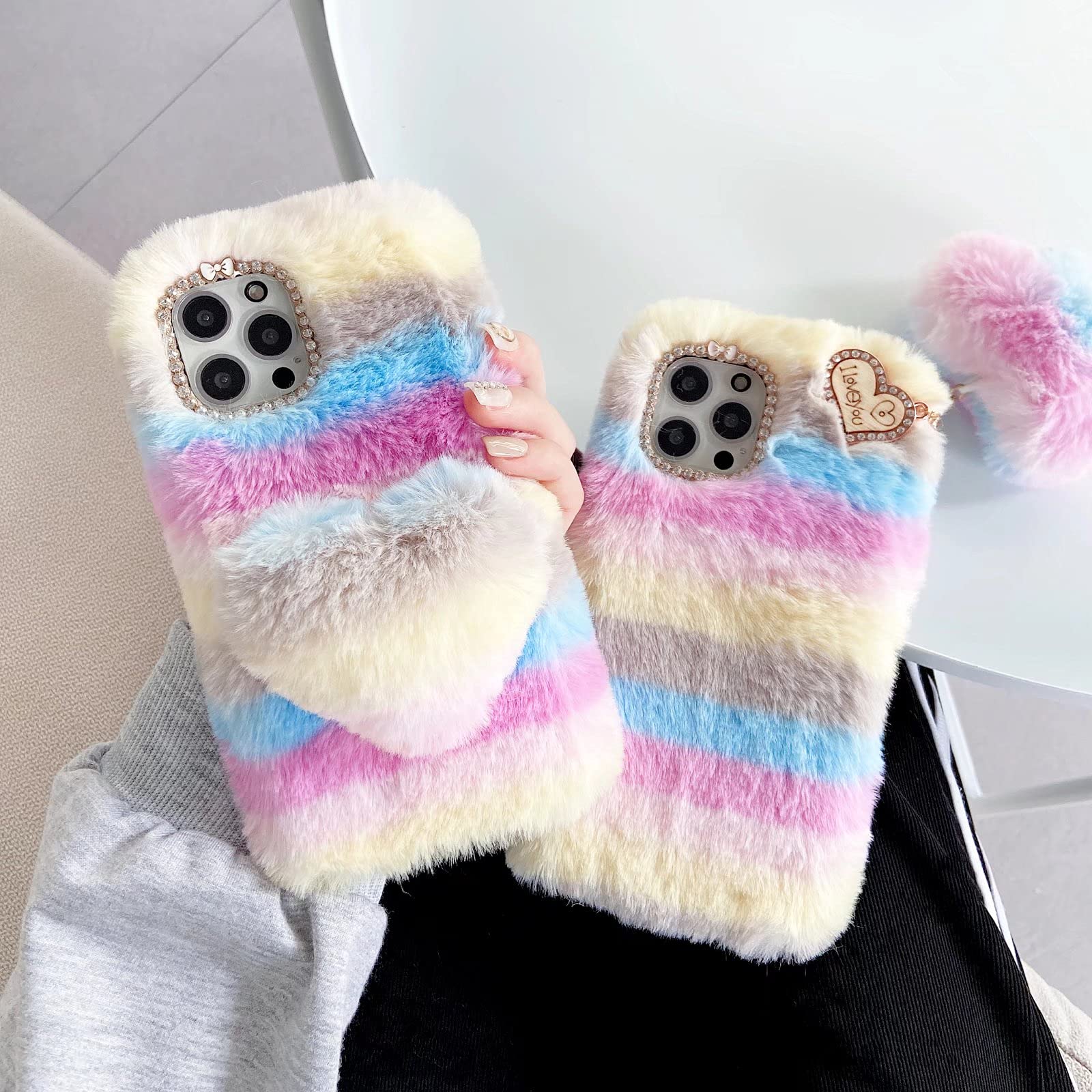 Miagon Colorato Pelosa Peluche Custodia per iPhone 11,Carina Cover Protettiva Soffice Animali per Ragazze Soft Pelliccia con 3D Cuore
