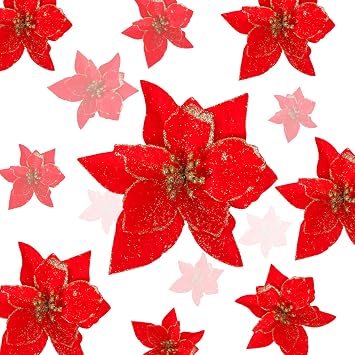 Christmas Poinsettia Red Flowers 24 Pack 5.1" Glitter Silk Flowers for Christmas Tree Ornaments Xmas Wreaths Garland Winter Holiday Decorations red