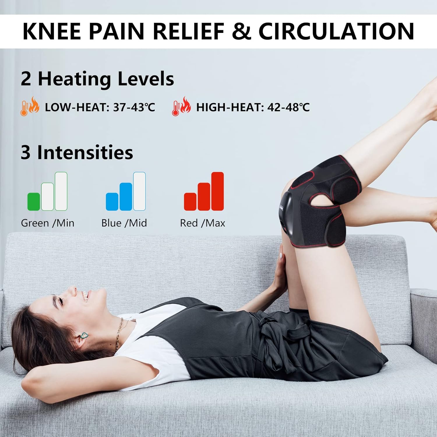 Woman relaxing with FIT KING Knee Massager, illustrating the 2 heating levels and 3 intensity settings.