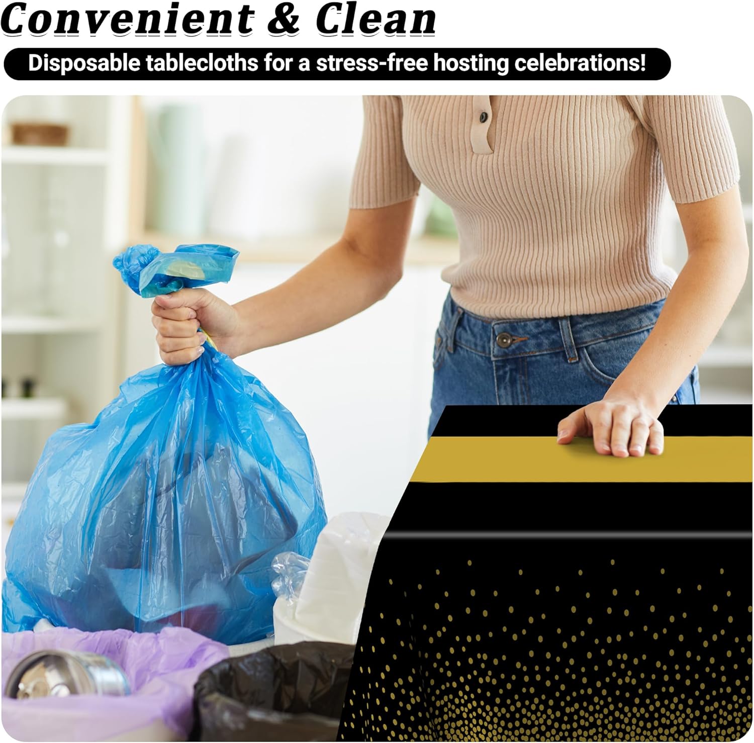 4Pack Black and Gold Tablecloths for Events, 54" x 108" Plastic Table Cloth Disposable for Rectangle Tables, Waterproof Table Cloth Cover for New Years Eve Decorations Holiday Birthday Wedding Dining - Image 5