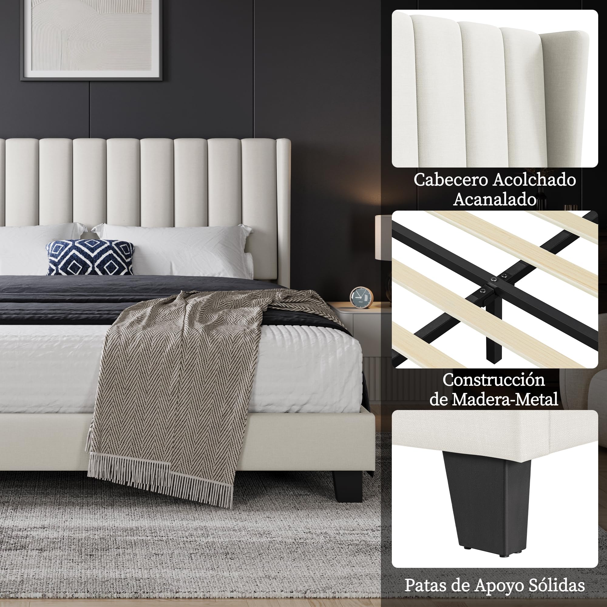 Cama tapizada 160 x 200 cm Cabecero a Rayas con Alas Láminas de Madera y Metal Beige