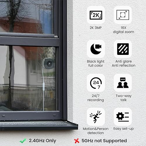 Miniatura 2 de Cámara de ventana 2K para seguridad en el hogar en interiores con visión nocturna a color antirreflejo, detección de movimiento y humanos, grabación