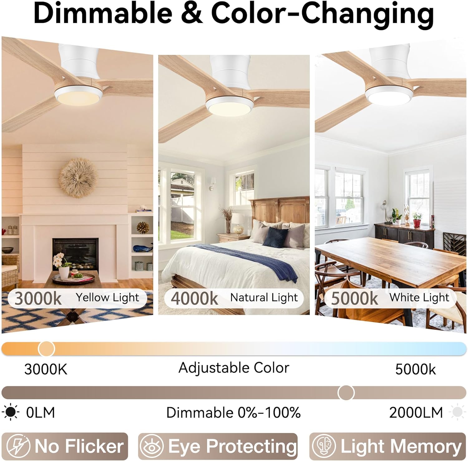 Hoenofly 52in Smart Ceiling Fans with Lights,Remote/APP/Alexa Control,Low Profile Flush Mount Ceiling Fan for Modern Bedroom Living room Patio,Light Wood&White,6 Speeds,Quiet,Outdoor Indoor Use