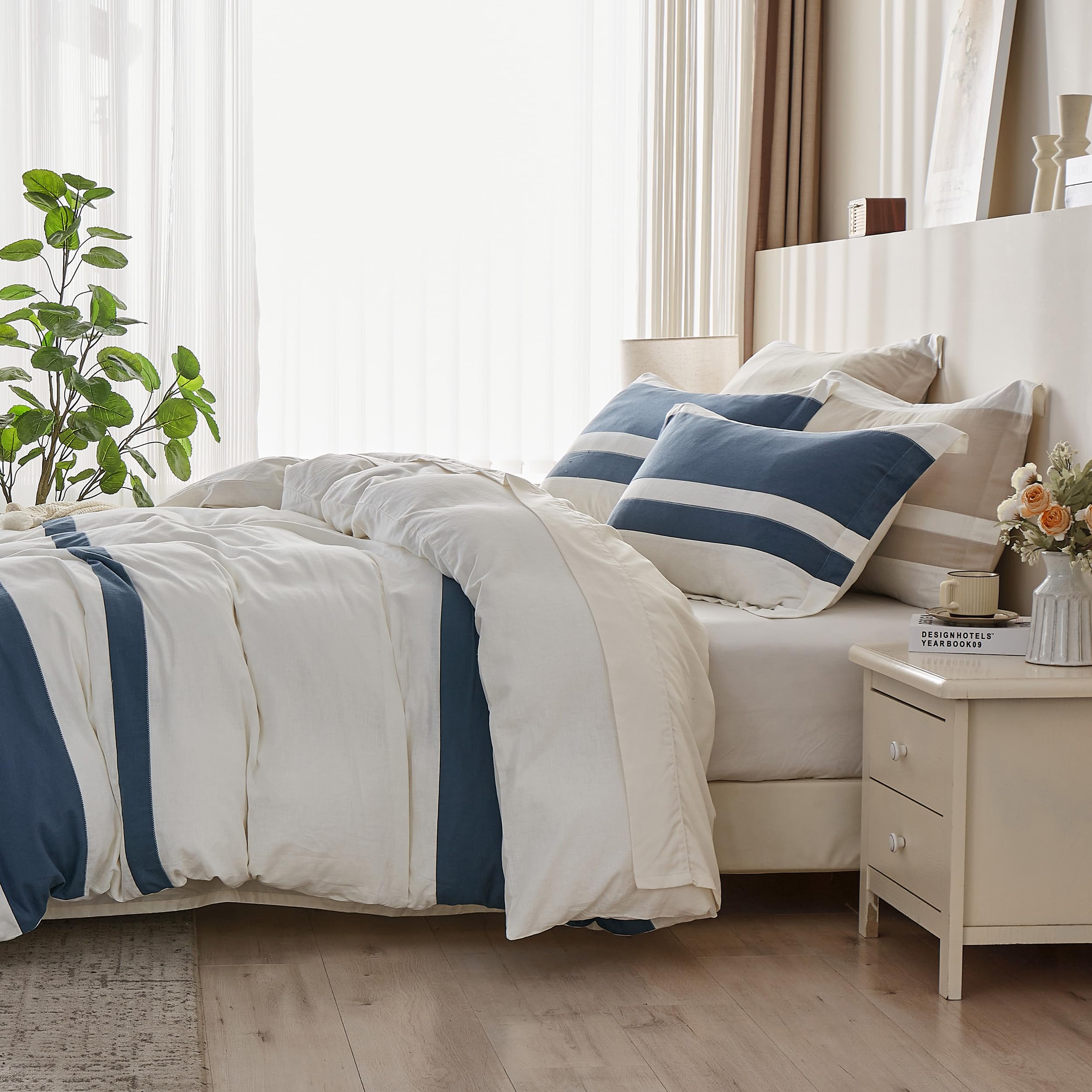 Simple&Opulence Set copripiumino in lino francese, 223,5 x 233,7 cm, 3 pezzi (1 copripiumino e 2 federe), in misto cotone naturale e lino, morbido e traspirante, con strisce (queen size, bianco e blu