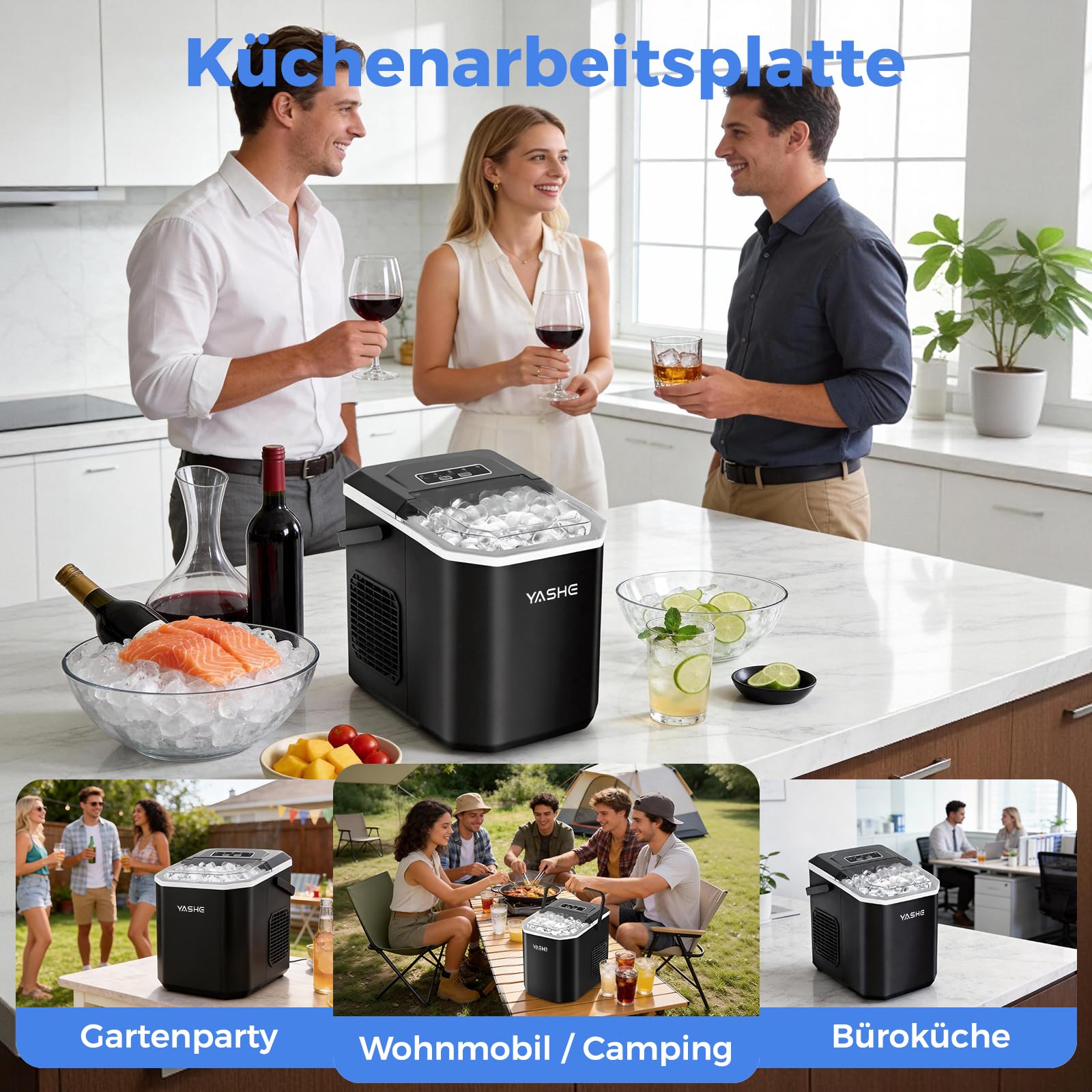 YASHE Eiswürfelmaschine für die Arbeitsplatte, Kugelförmige Eiswürfel in 2 Größen, 9 Eiswürfel in 6 Minuten, 12kg Eis pro Tag, Selbstreinigende Tragbare Eismaschine mit Tragegriff für Küche, Camping