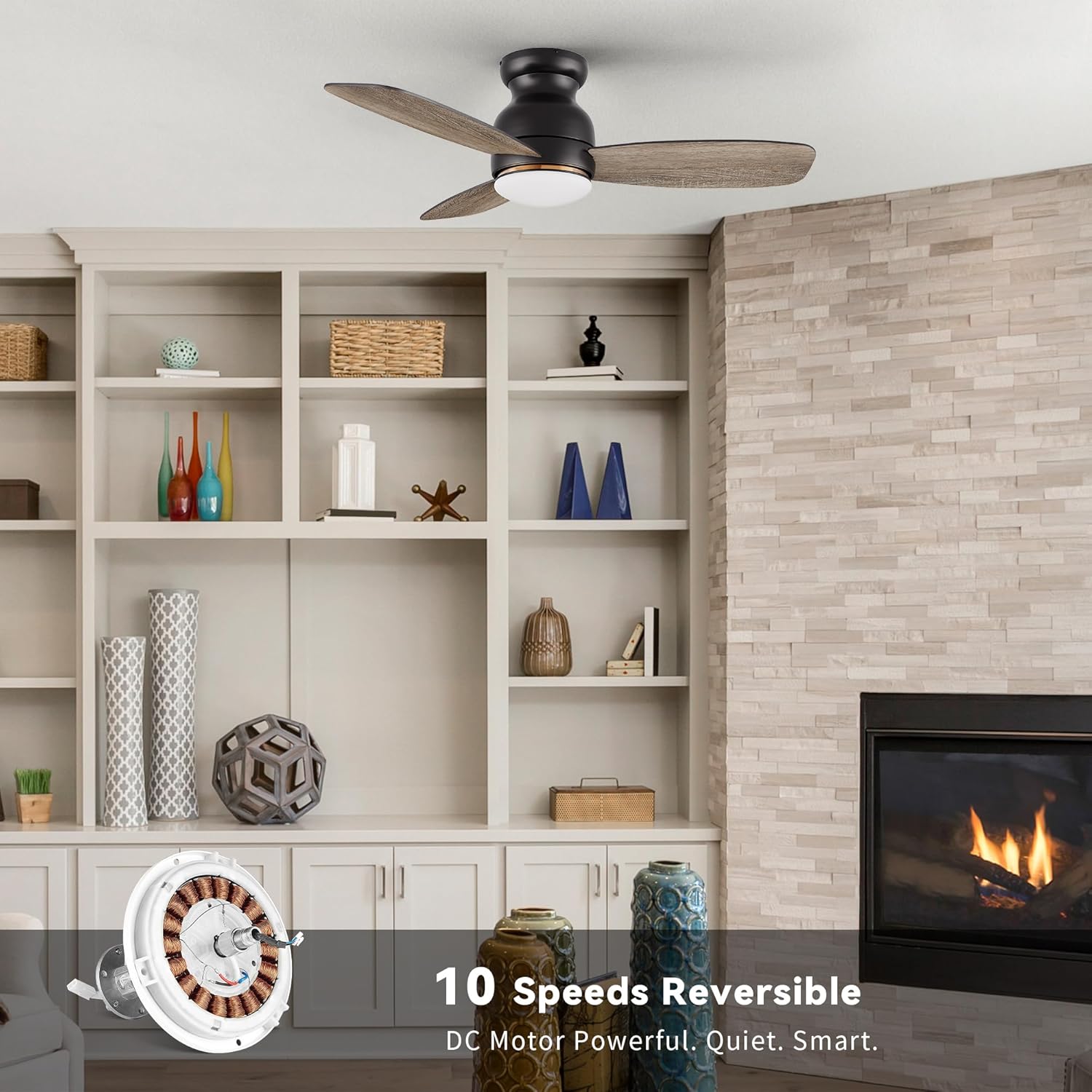 SMAFAN Ceiling Fan with Lights, Indoor & Outdoor Ceiling Fan, 52" Low Profile DC Smart, Compatible with Alexa, Siri, Google Home & Smart APP, 2 Colors of Reversible Blades, Dark Walnut & Wood