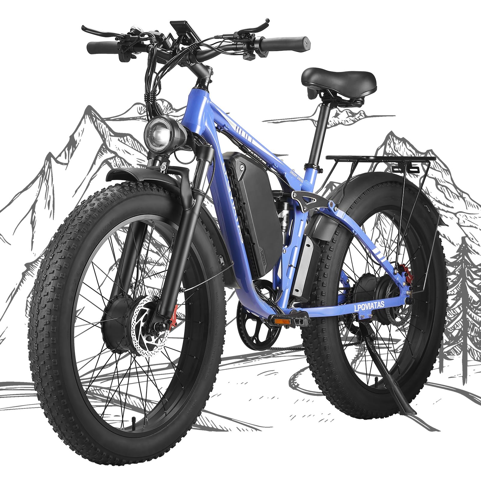 Peak 3000W/5000W Fat Tire Dual Motor Ebike 52V 23Ah/34Ah Battery,26"x4"/24”x4” Electric Mountain Bicycle for Adults Men 38MPH/46MPH Full Lockable Suspension Ebike 90 Miles/105 Mile Range（US Warehouse)