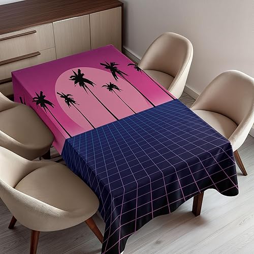 Ambesonne Synthwave - Mantel de rejilla retro con siluetas de palma y diseño de vibraciones de vapor de los años 80, mantel rectangular para
