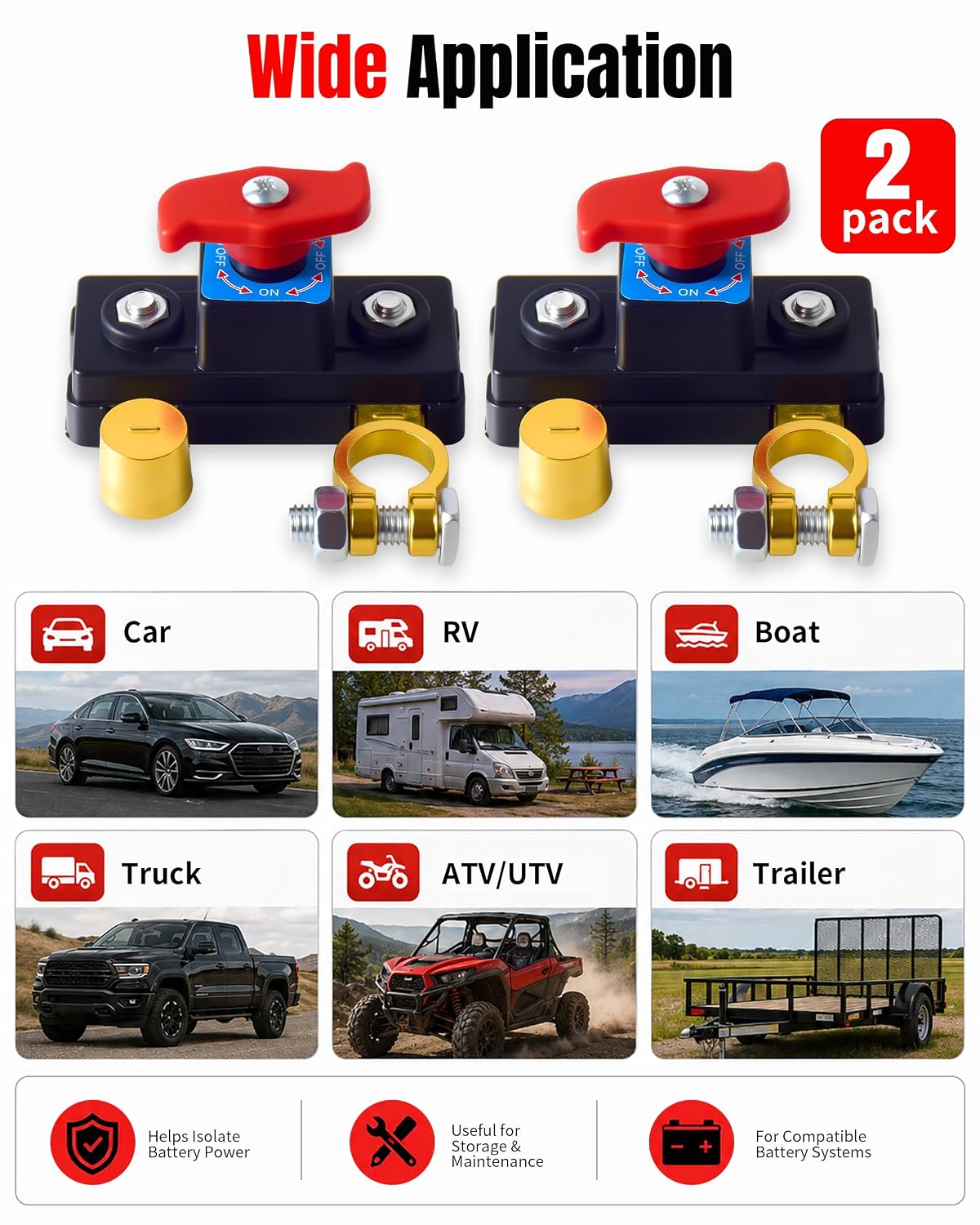 Top Post Battery Disconnect Switch, Car Battery Disconnect Switch, 2Pcs | 12V-24V, Adjustable, Pure Copper, High Conductivity, For Car RV Truck ATV Boat